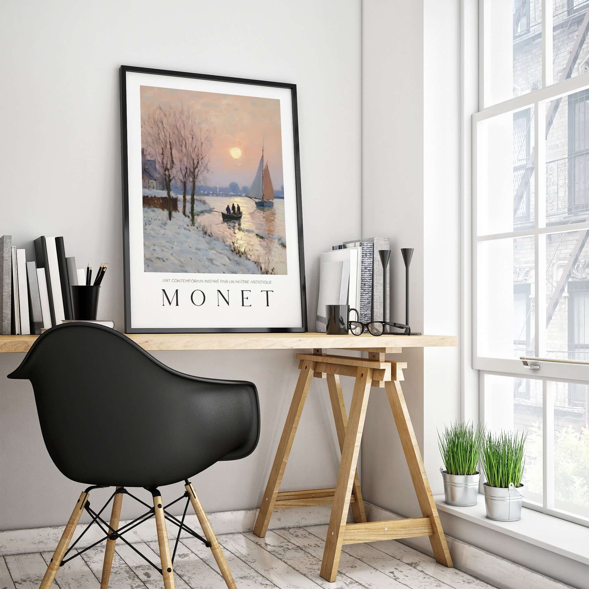 Claude Monet Poster - Winter River Sunset Wall Art - Snow Scene Print in a modern interior with a black chair.
