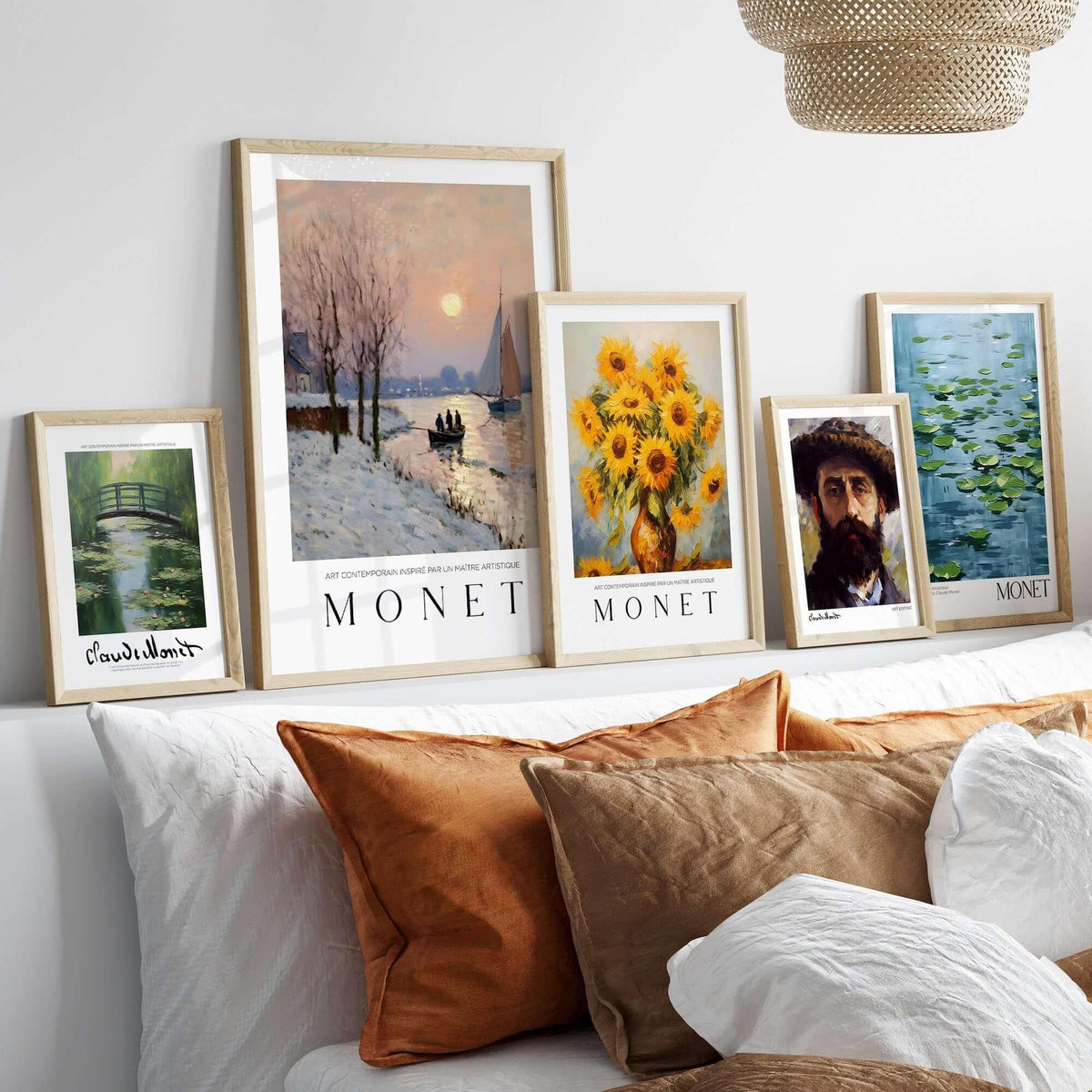 Claude Monet Poster - Winter River Sunset Wall Art - Snow Scene Print displayed on a wall above a cozy sofa.