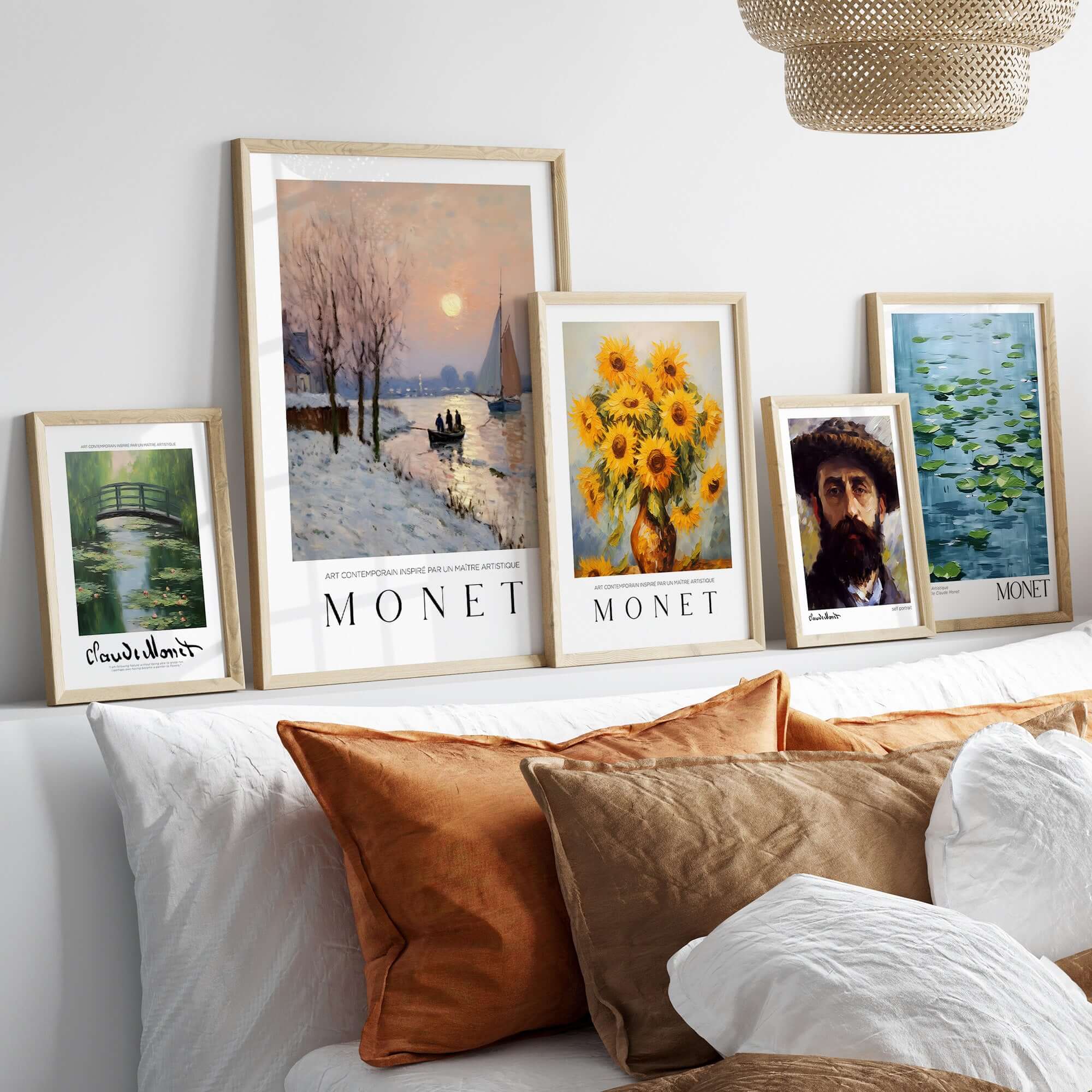 Claude Monet Poster - Winter River Sunset Wall Art - Snow Scene Print displayed on a wall above a cozy sofa.