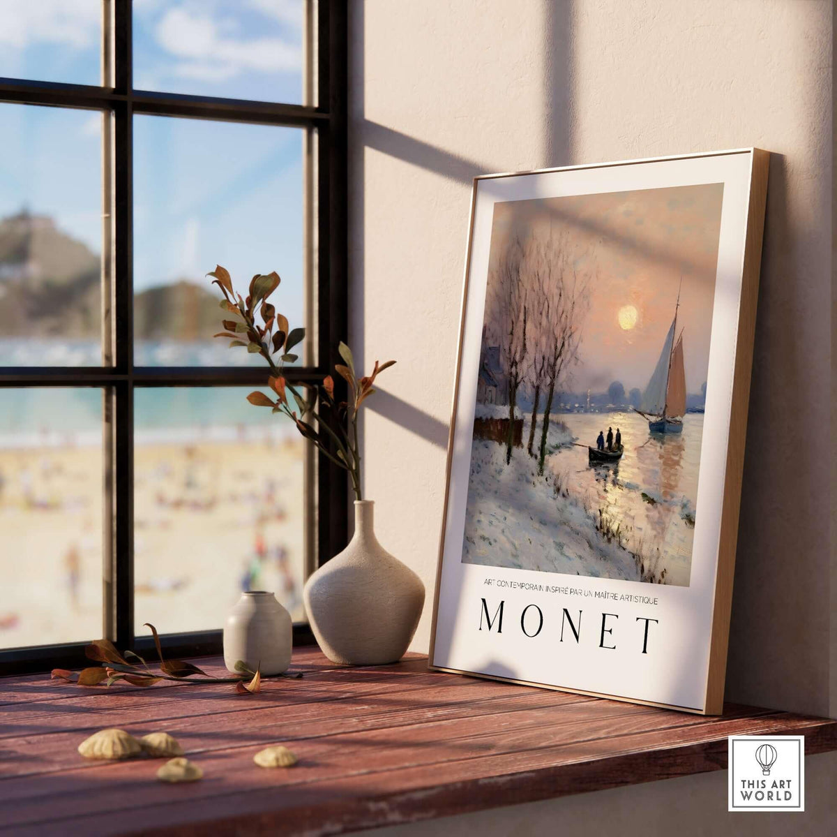 Claude Monet Poster - Winter River Sunset Wall Art - Snow Scene Print displayed on a wooden table beside a window.
