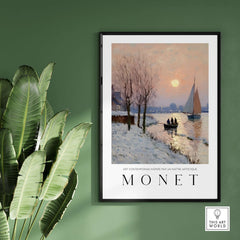 Claude Monet Poster - Winter River Sunset Wall Art - Snow Scene Print featuring serene riverside at sunset.