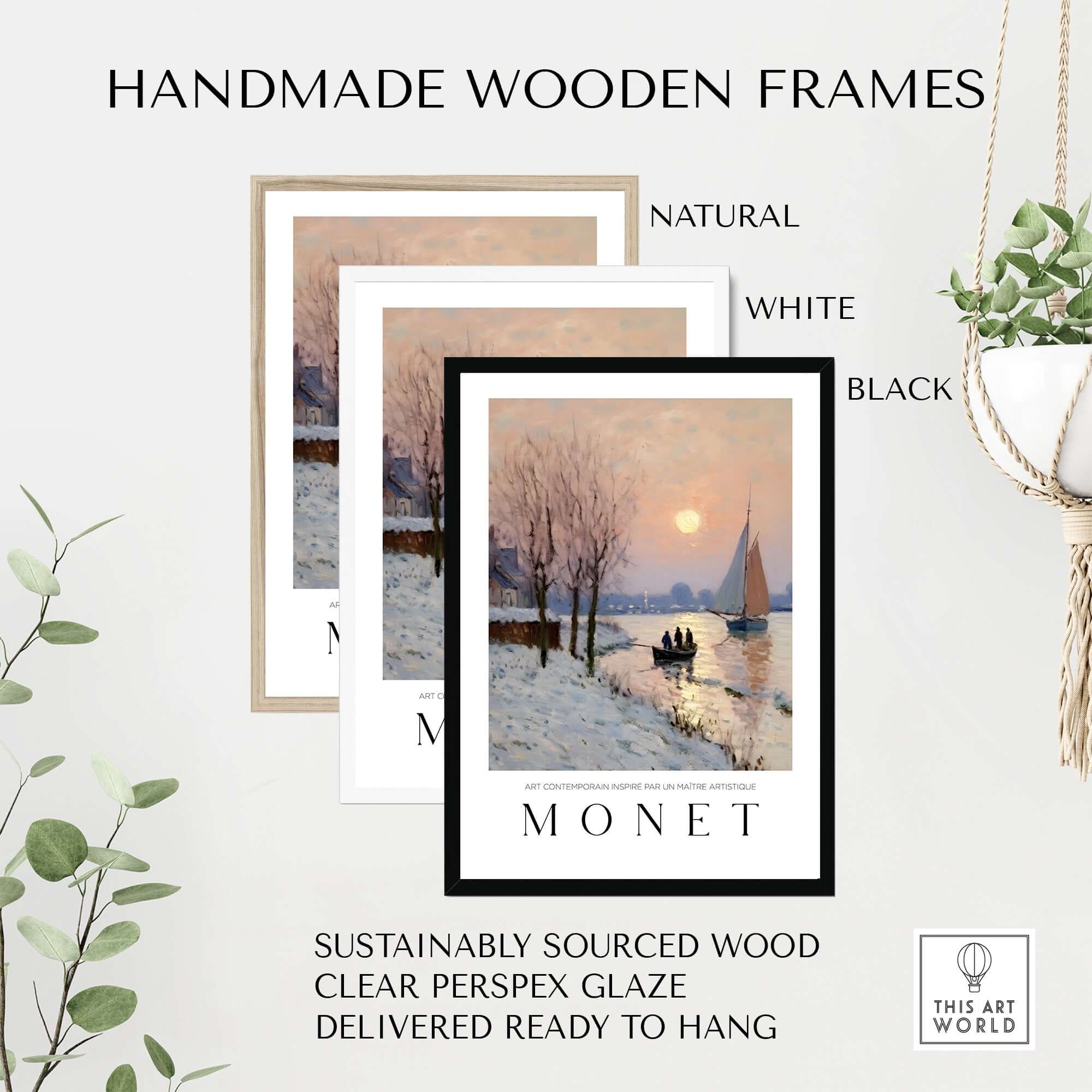 Handmade wooden frames for Claude Monet Poster - Winter River Sunset Wall Art - Snow Scene Print in black, white, and natural.