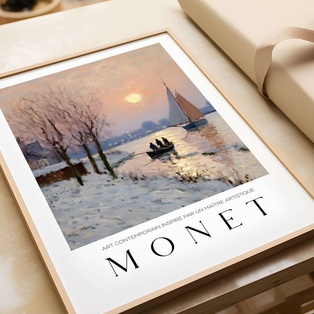 Claude Monet Poster - Winter River Sunset Wall Art - Snow Scene Print featuring a serene winter landscape with a sunset.