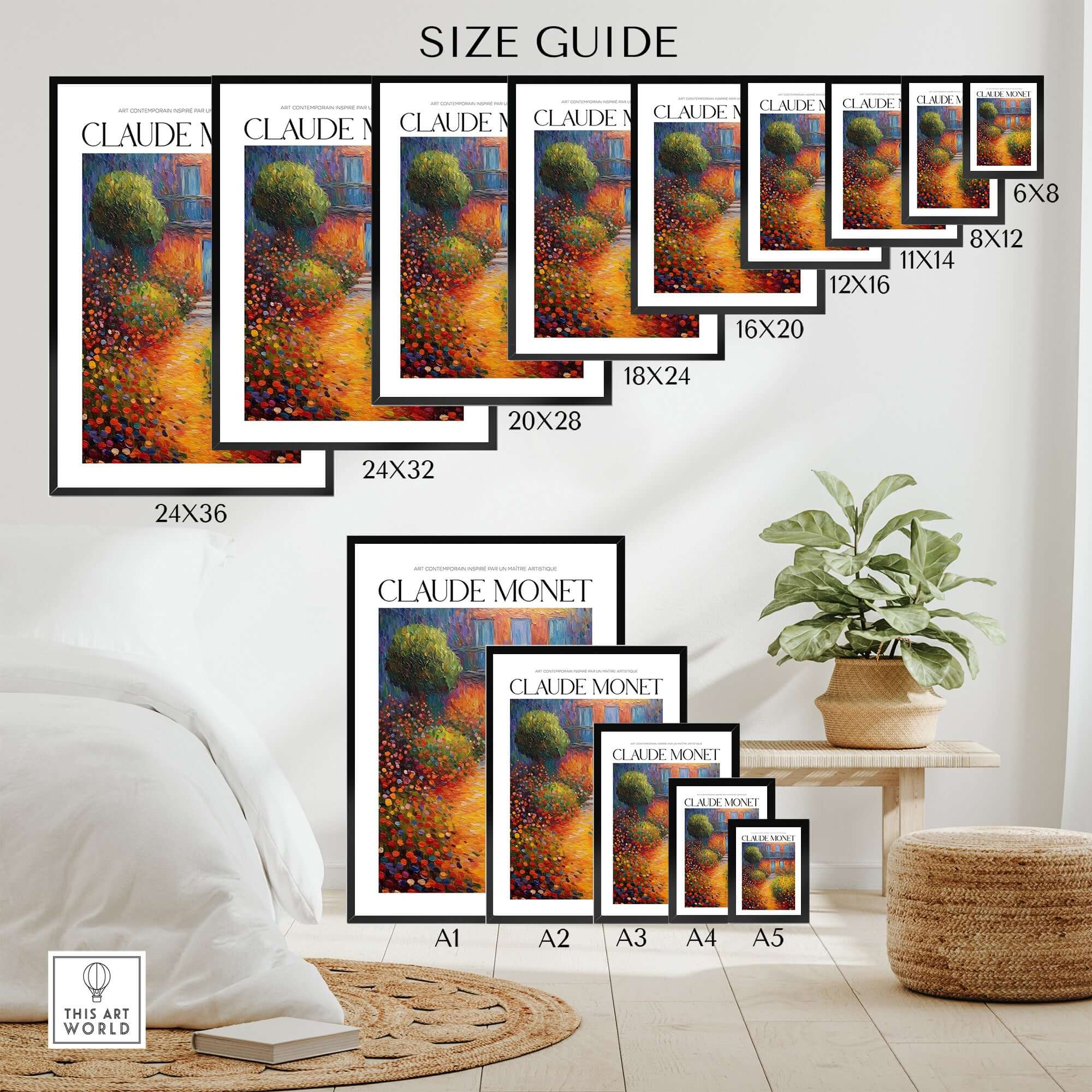 Claude Monet Poster Print - Wall Art for Room Decor - Impressionist Exhibition Print size guide showcasing various frame dimensions.