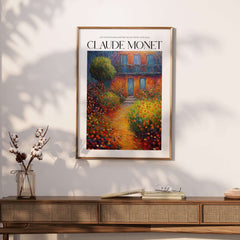 Claude Monet Poster Print - Wall Art for Room Decor - Impressionist Exhibition Print displayed on a wall above a wooden table.
