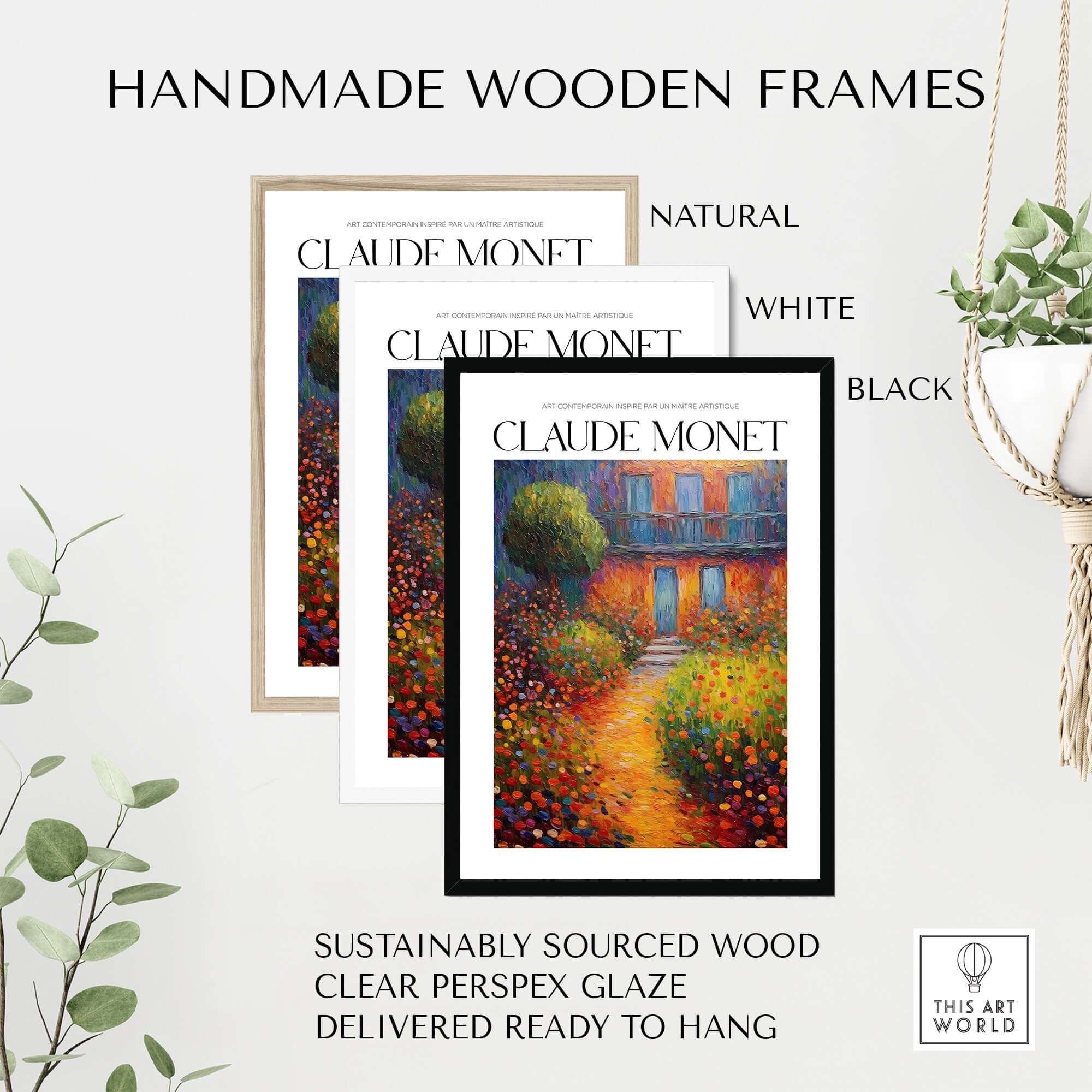 Claude Monet Poster Print - Wall Art for Room Decor - Impressionist Exhibition Print framed in natural, white, and black handmade wooden frames.