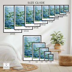 Claude Monet Print - Calm Lily Pads on Blue Water Wall Art size guide showcasing different print sizes and displays.