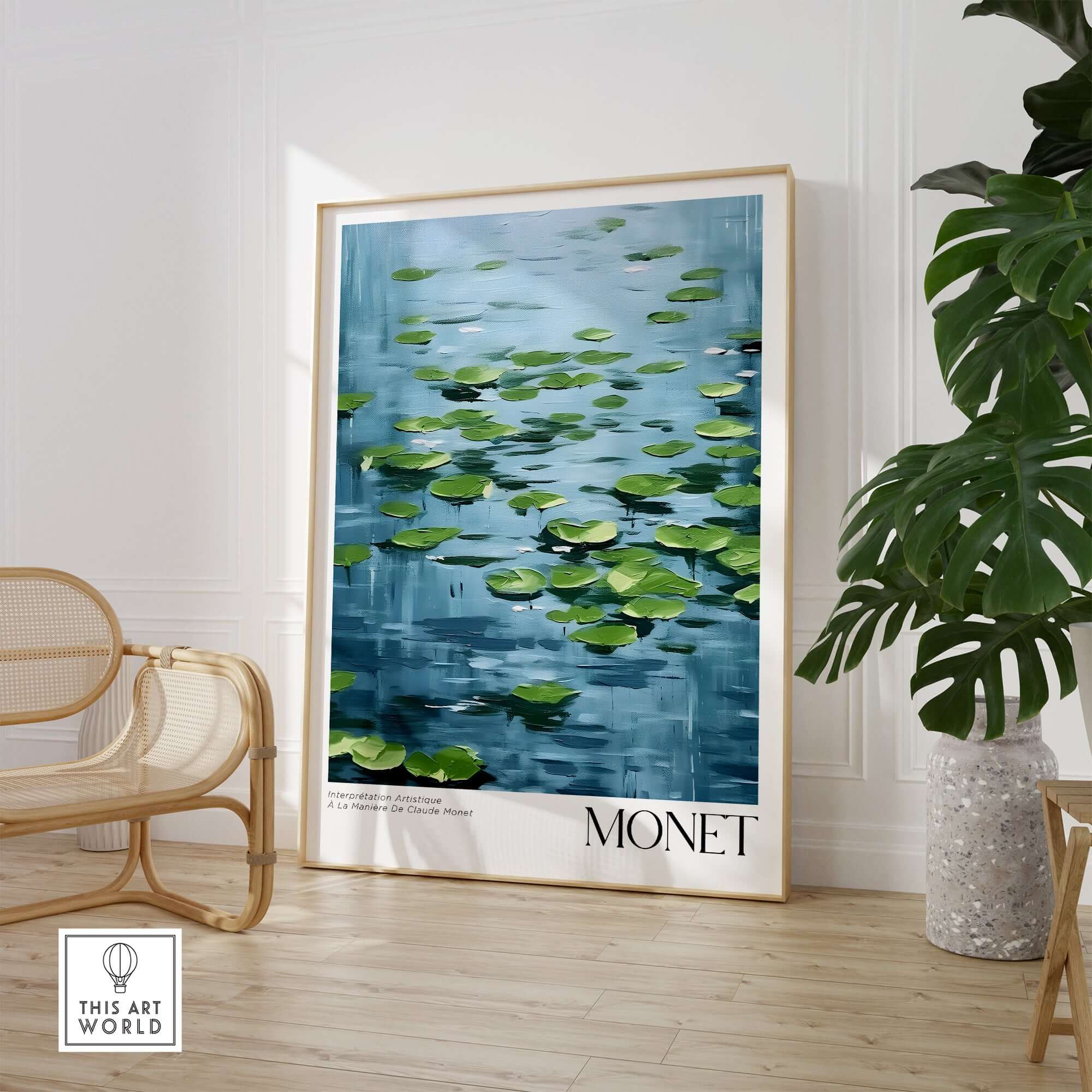 Claude Monet Print - Calm Lily Pads on Blue Water Wall Art in a bright room with plants and seating.