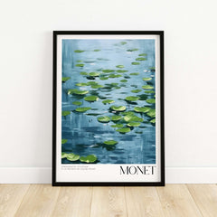 Claude Monet Print - Calm Lily Pads on Blue Water Wall Art featuring vibrant lily pads on serene blue water.