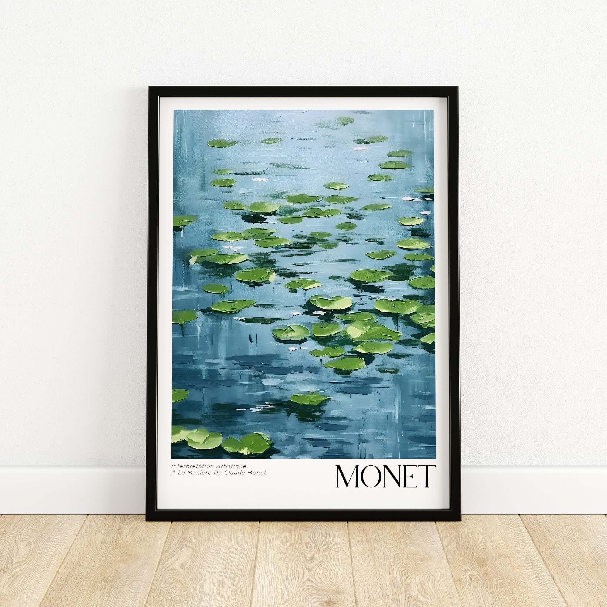 Claude Monet Print - Calm Lily Pads on Blue Water Wall Art featuring vibrant lily pads on serene blue water.