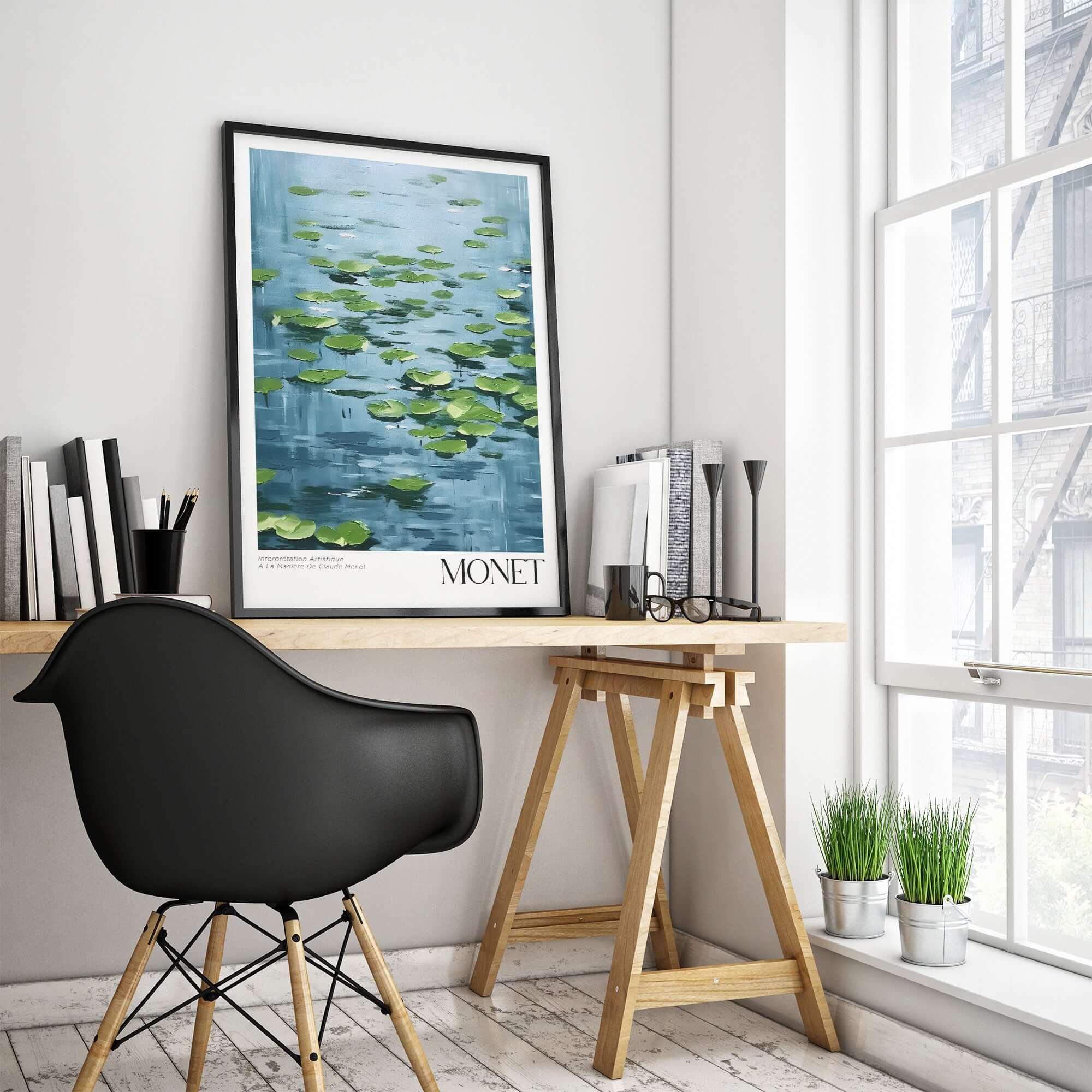 Claude Monet Print - Calm Lily Pads on Blue Water Wall Art in a stylish home office setting with a wooden desk.