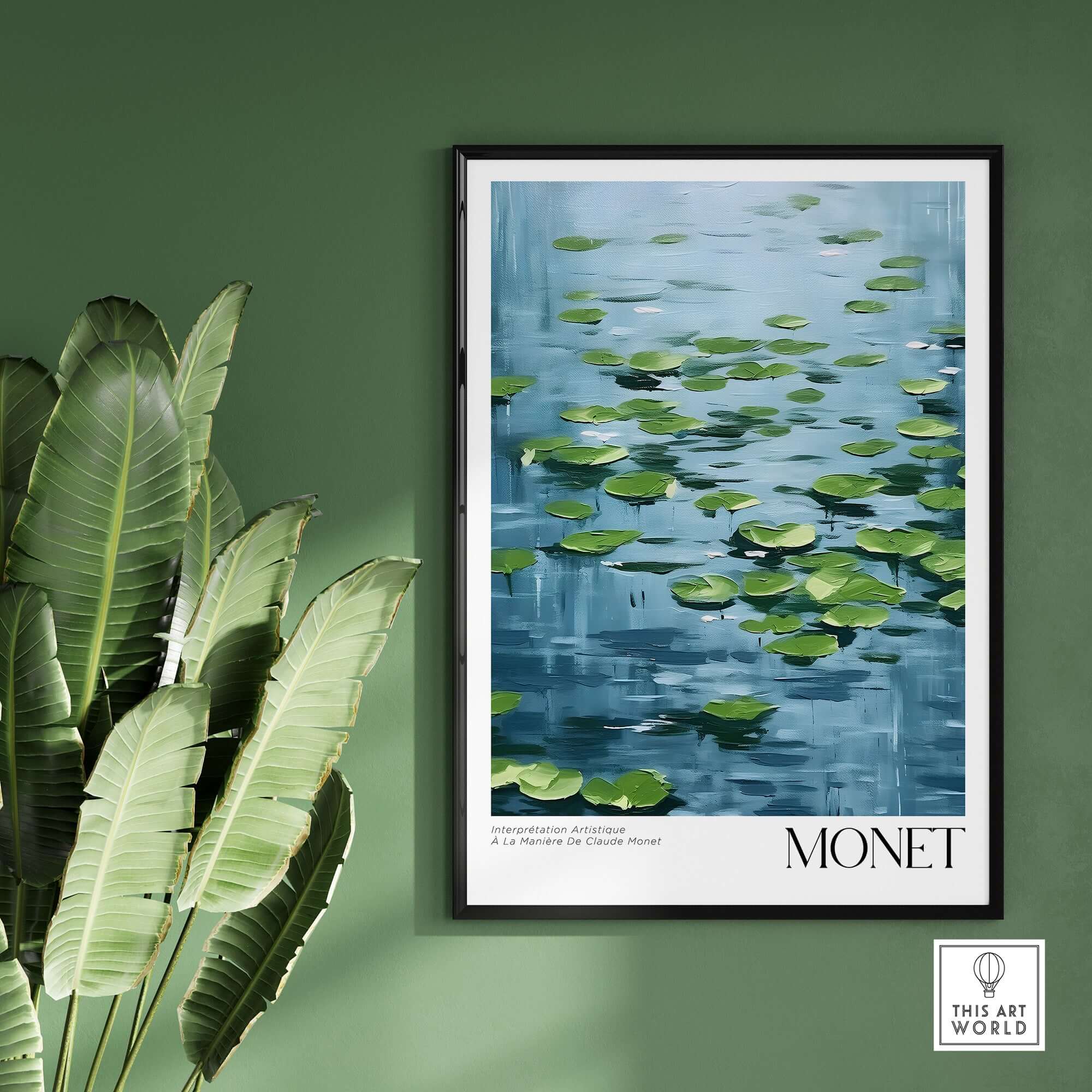 Claude Monet Print - Calm Lily Pads on Blue Water Wall Art showcasing vibrant lily pads on blue water.