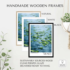 Claude Monet Print - Calm Lily Pads on Blue Water Wall Art displayed in handmade wooden frames.