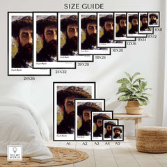 Size guide for Claude Monet Self Portrait Wall Art - Impressionist Poster Print showcasing various frame sizes.