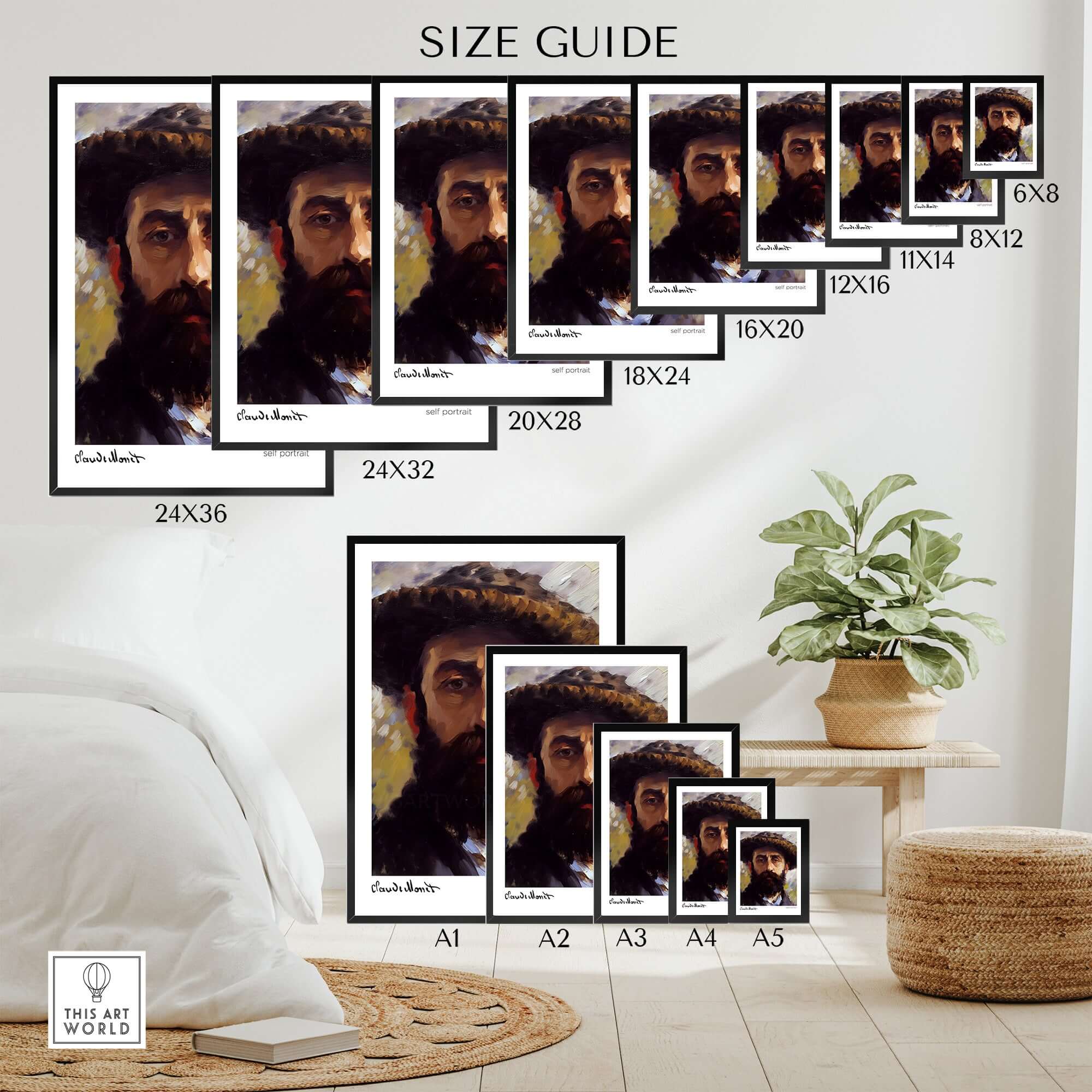 Size guide for Claude Monet Self Portrait Wall Art - Impressionist Poster Print showcasing various frame sizes.