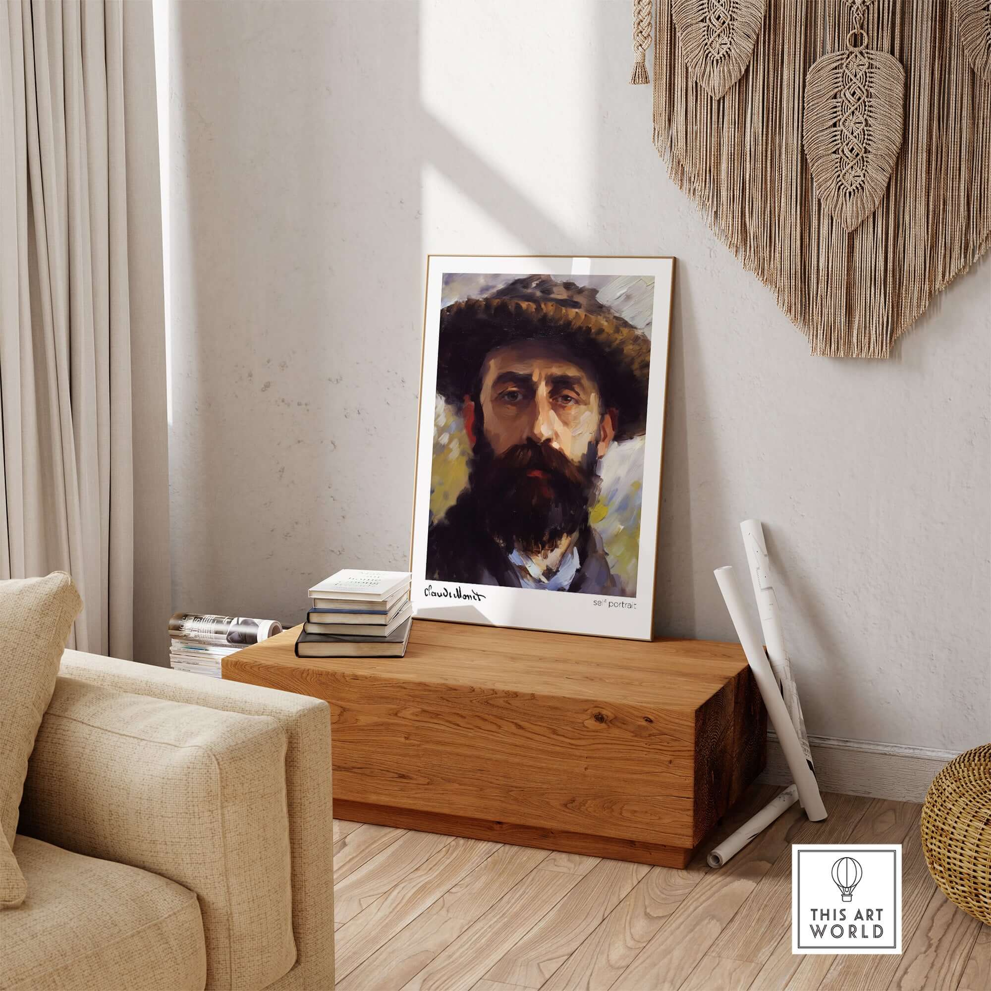 Claude Monet Self Portrait Wall Art - Impressionist Poster Print displayed in a stylish interior setup.