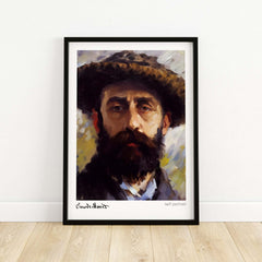 Claude Monet Self Portrait Wall Art - Impressionist Poster Print framed on a wooden floor.