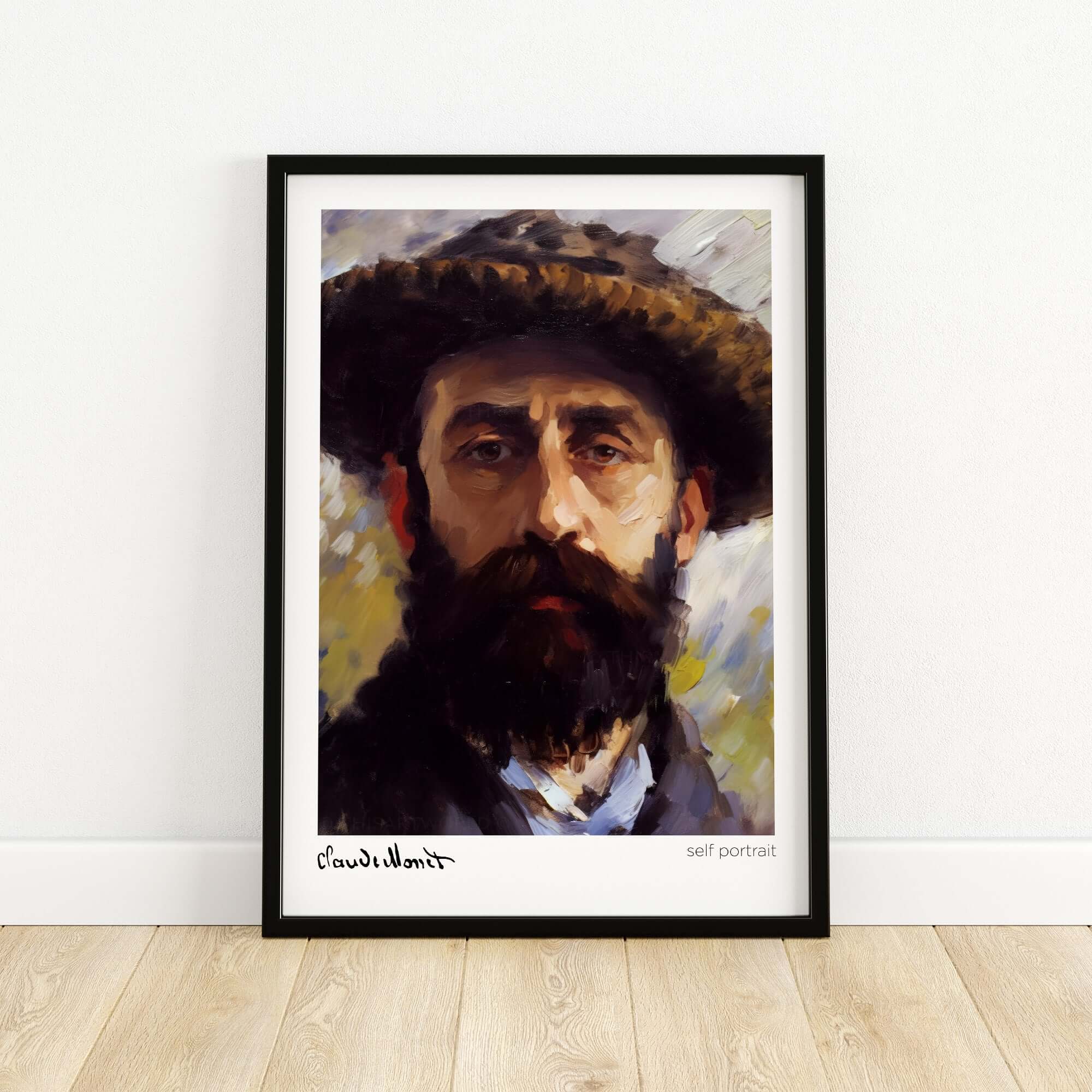 Claude Monet Self Portrait Wall Art - Impressionist Poster Print framed on a wooden floor.