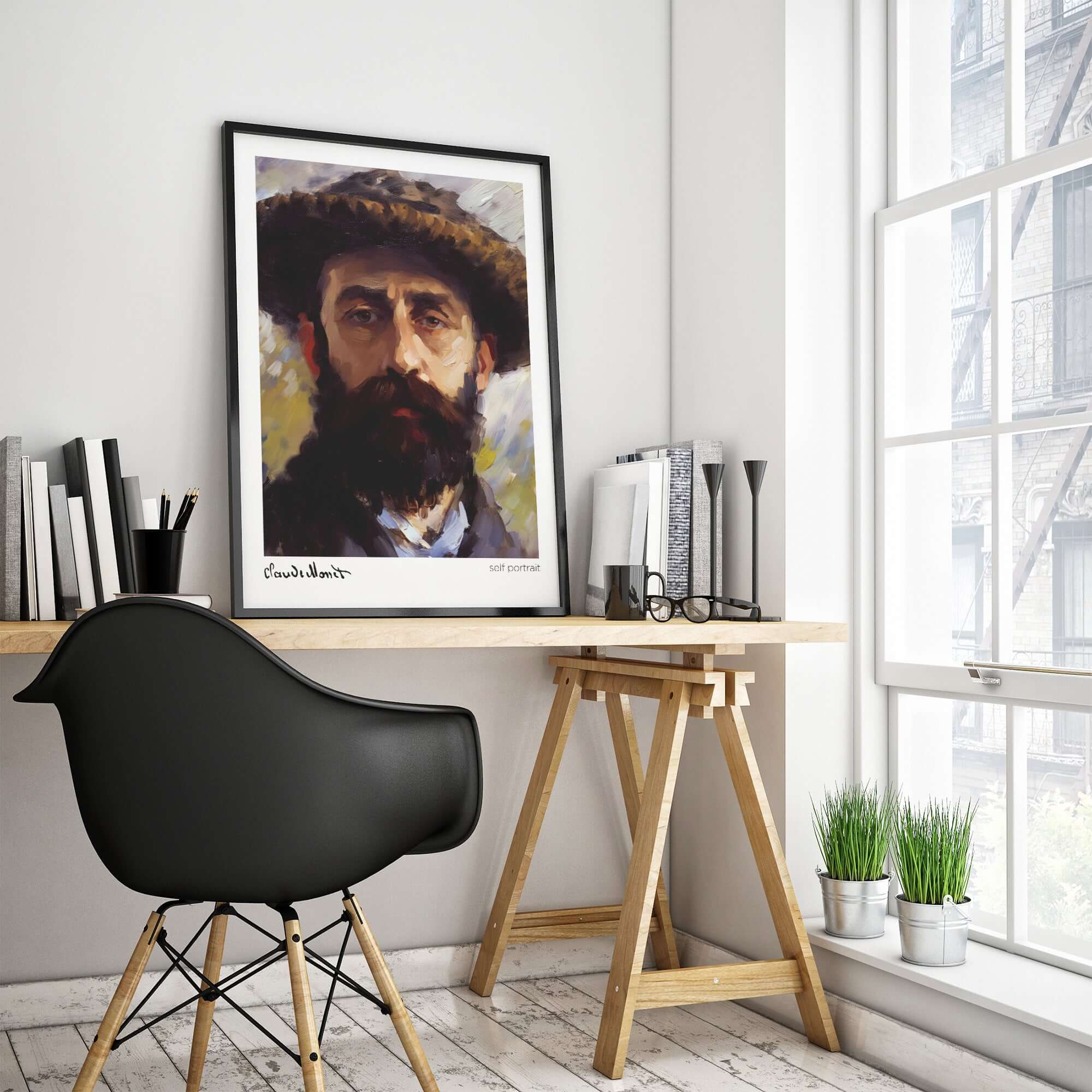 Claude Monet Self Portrait Wall Art - Impressionist Poster Print displayed in a modern workspace with a stylish black chair.