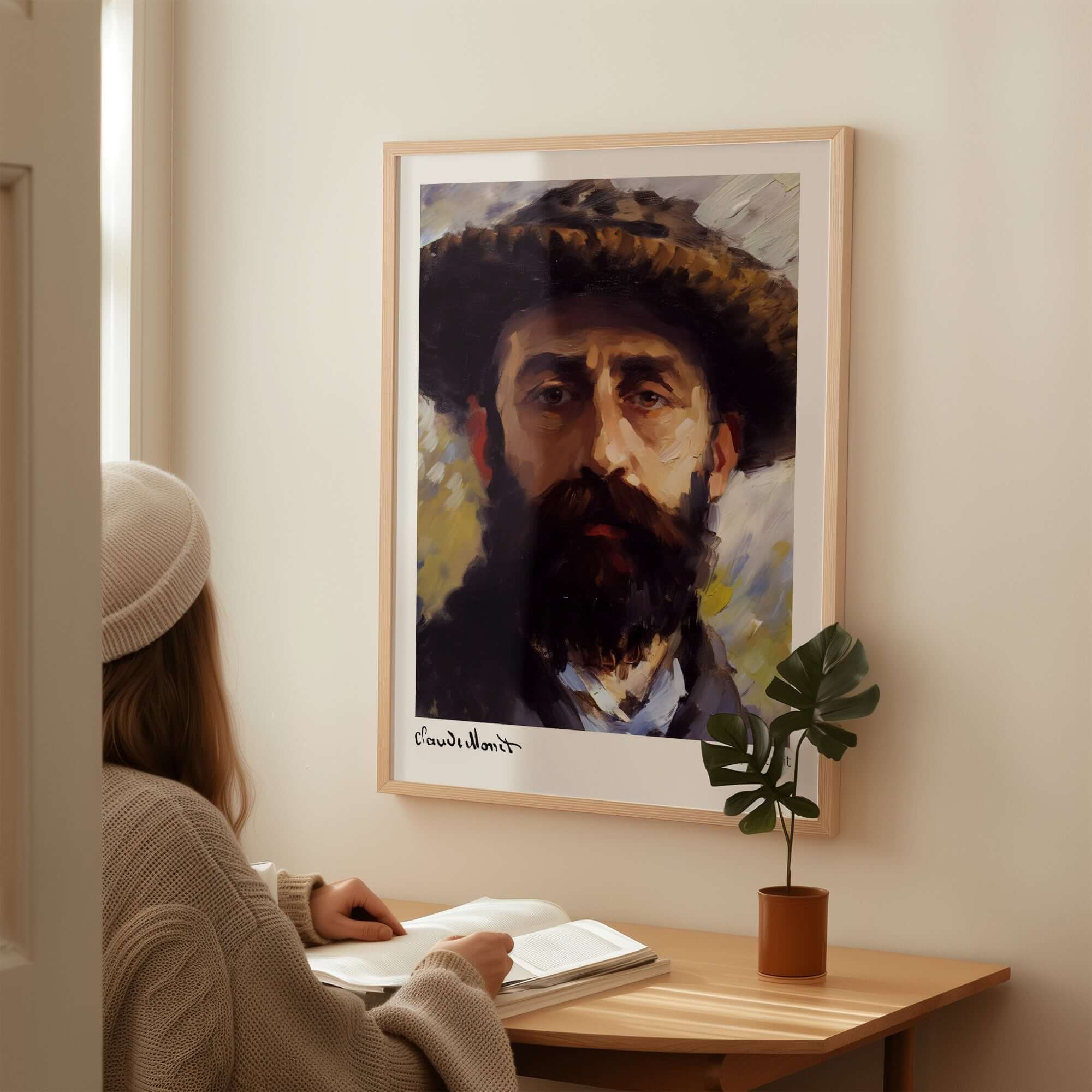 Claude Monet Self Portrait Wall Art - Impressionist Poster Print displayed in a cozy interior setting.
