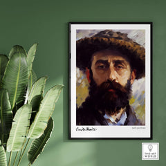 Claude Monet Self Portrait Wall Art - Impressionist Poster Print displayed on a green wall with indoor plants.