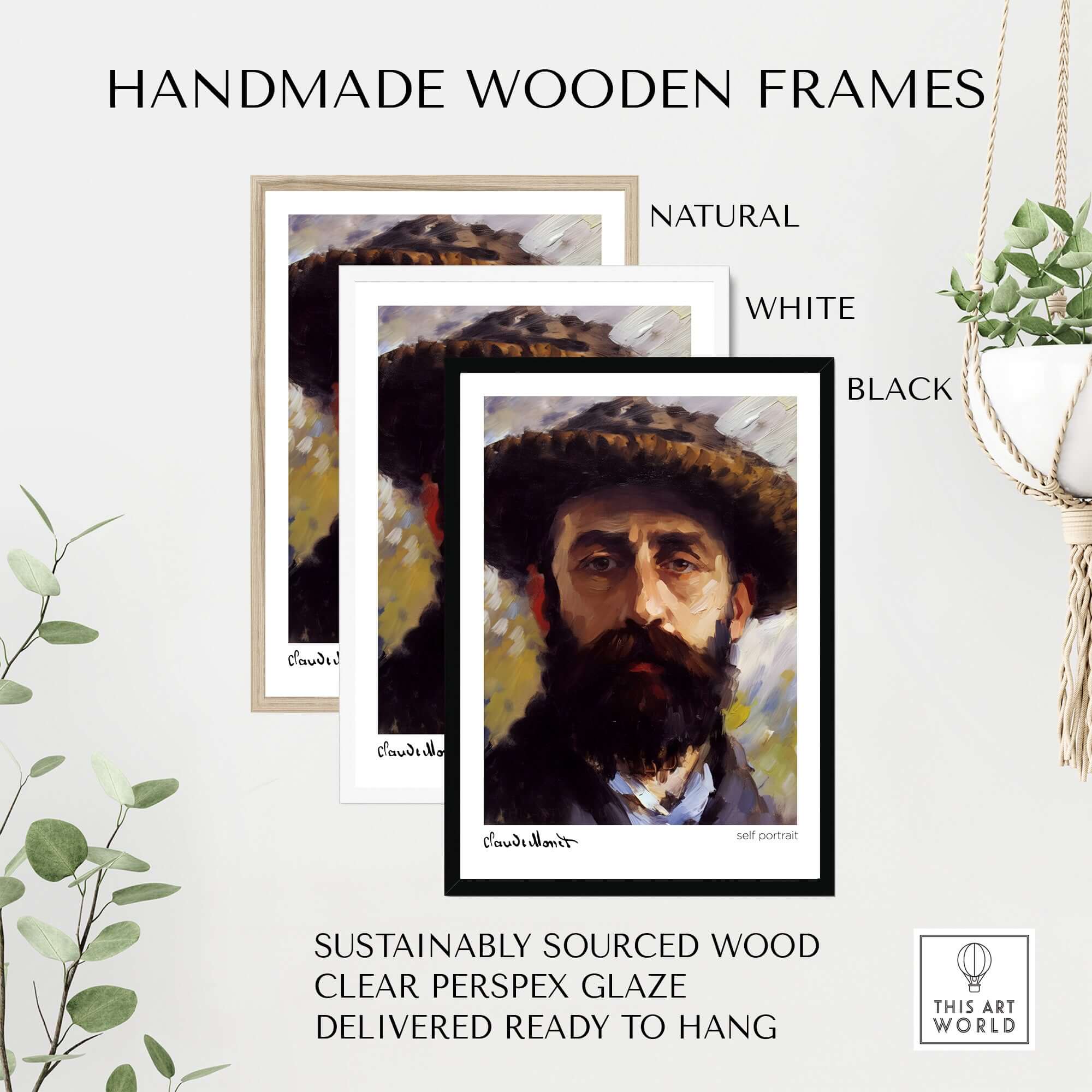 Handmade wooden frames for Claude Monet Self Portrait Wall Art - Impressionist Poster Print in natural, white, and black options.