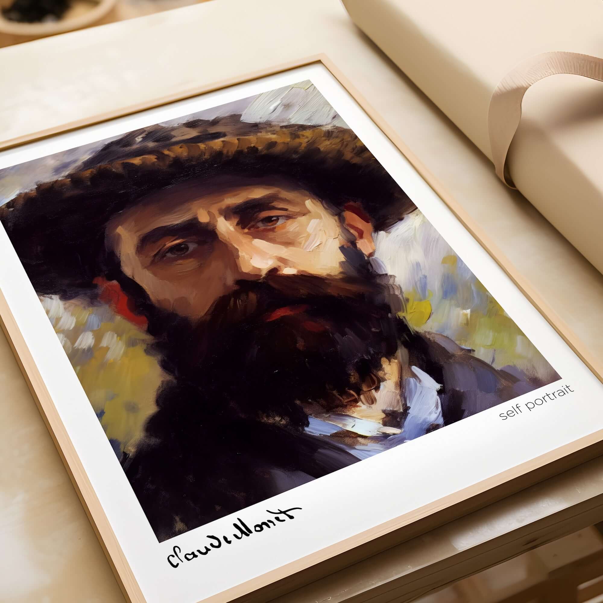 Claude Monet Self Portrait Wall Art - Impressionist Poster Print featuring the artist's distinctive beard and expressive brushstrokes.