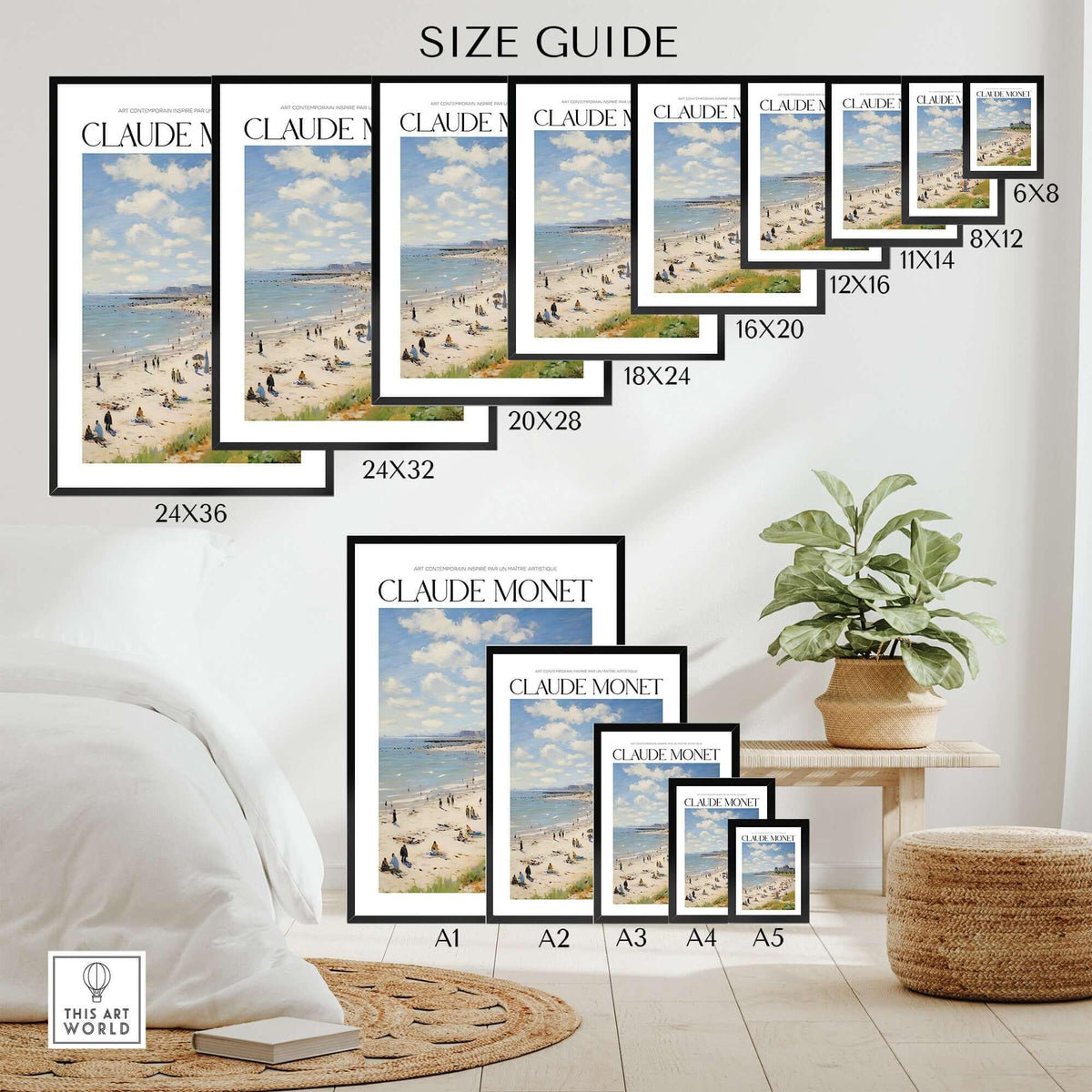 Claude Monet Sunny Beach Day Wall Art - Coastal Resort Scene Print size guide with various frame sizes displayed.