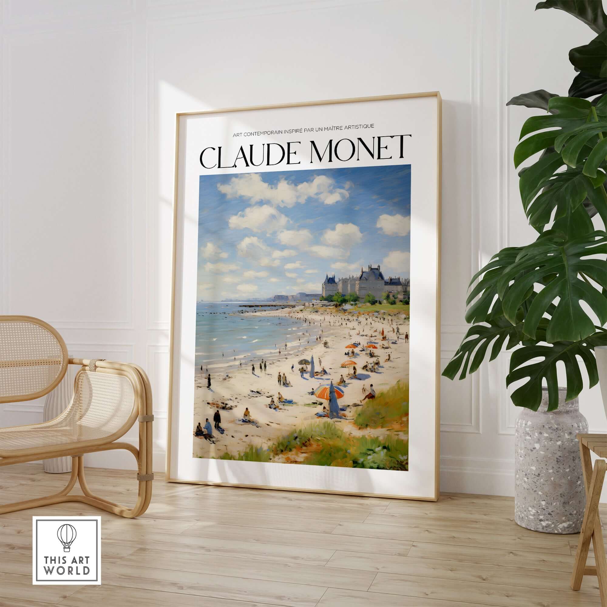 Claude Monet Sunny Beach Day Wall Art - Coastal Resort Scene Print featuring a vibrant beach scene with people and umbrellas.