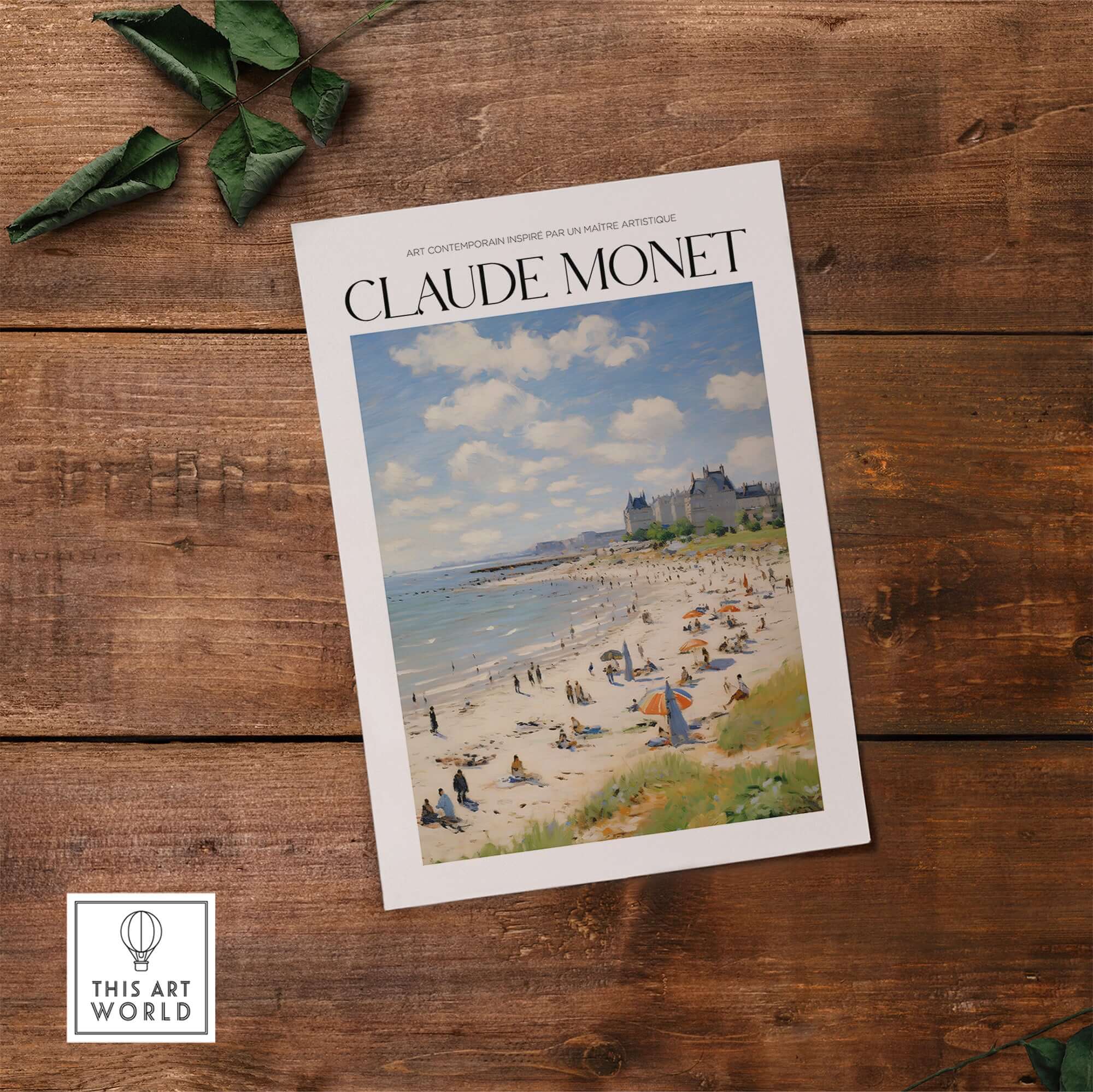 Claude Monet Sunny Beach Day Wall Art - Coastal Resort Scene Print featuring a busy beach with people and colorful umbrellas.