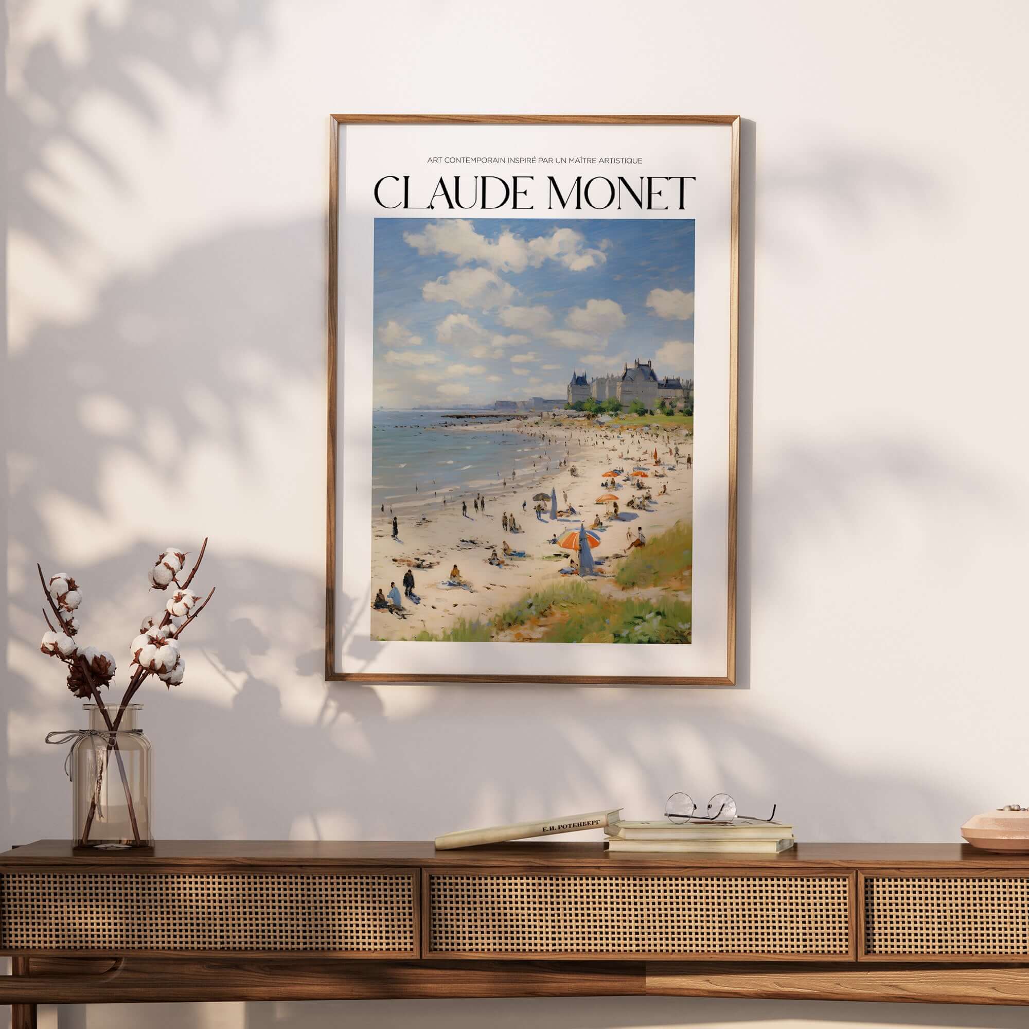 Claude Monet Sunny Beach Day Wall Art - Coastal Resort Scene Print showcasing a vibrant beach with people and umbrellas.