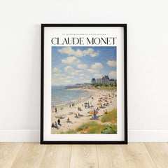 Claude Monet Sunny Beach Day Wall Art - Coastal Resort Scene Print capturing a vibrant beach filled with people and colorful umbrellas.