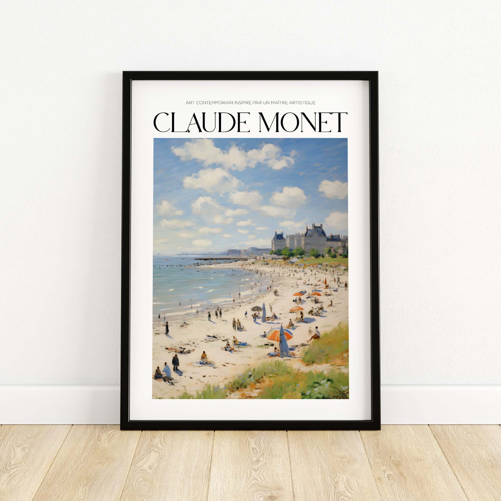 Claude Monet Sunny Beach Day Wall Art - Coastal Resort Scene Print capturing a vibrant beach filled with people and colorful umbrellas.
