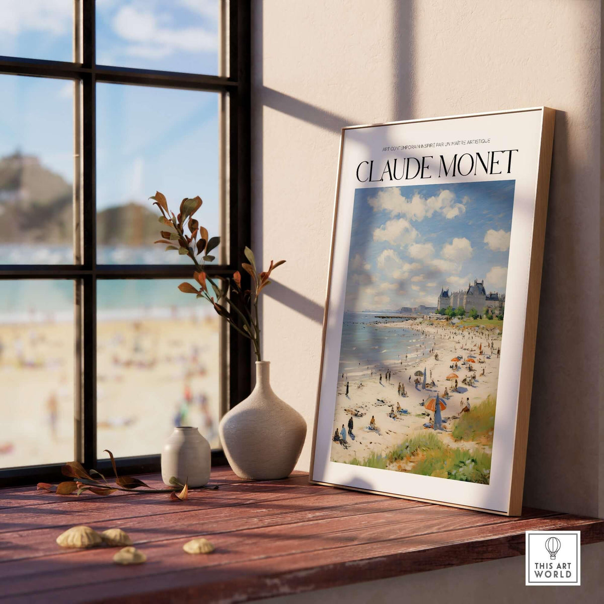Claude Monet Sunny Beach Day Wall Art - Coastal Resort Scene Print displayed in a sunlit room with a beach view.