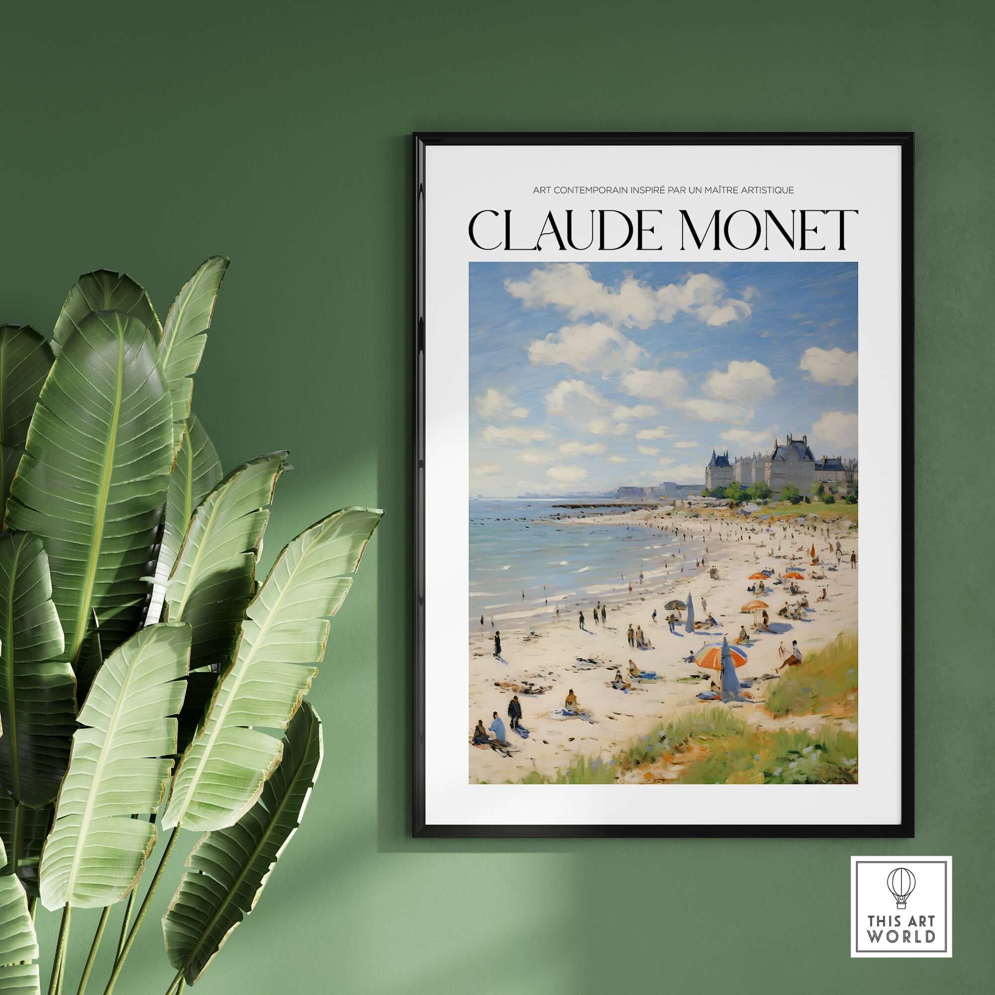 Claude Monet Sunny Beach Day Wall Art - Coastal Resort Scene Print featuring a vibrant beach scene and palm leaves.
