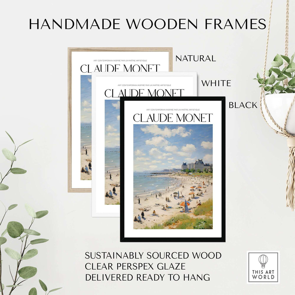Claude Monet Sunny Beach Day Wall Art - Coastal Resort Scene Print framed in natural, white, and black handmade wooden frames.