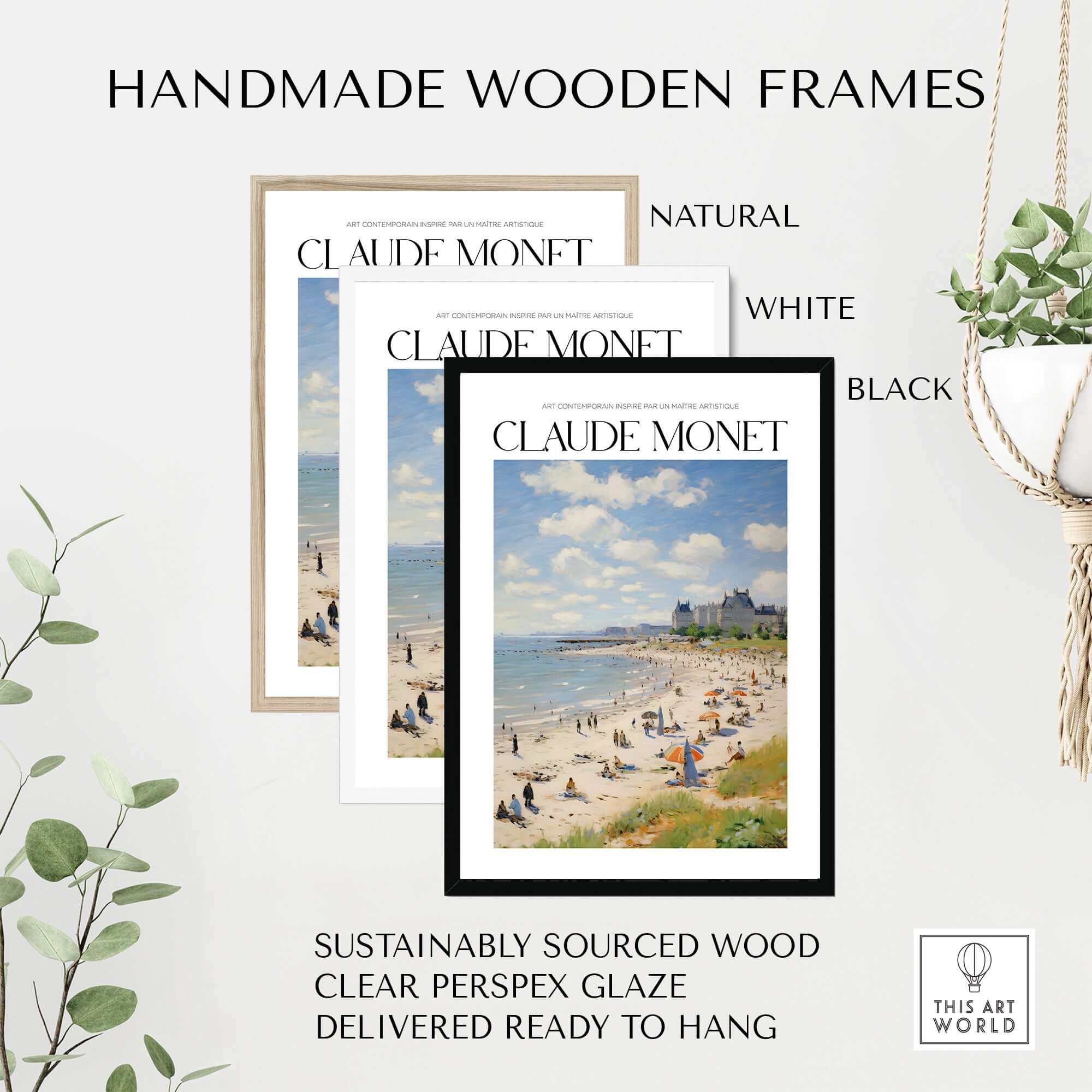 Claude Monet Sunny Beach Day Wall Art - Coastal Resort Scene Print framed in natural, white, and black handmade wooden frames.