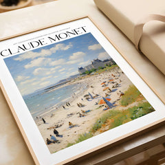 Claude Monet Sunny Beach Day Wall Art - Coastal Resort Scene Print featuring a vibrant beach scene with people and umbrellas.