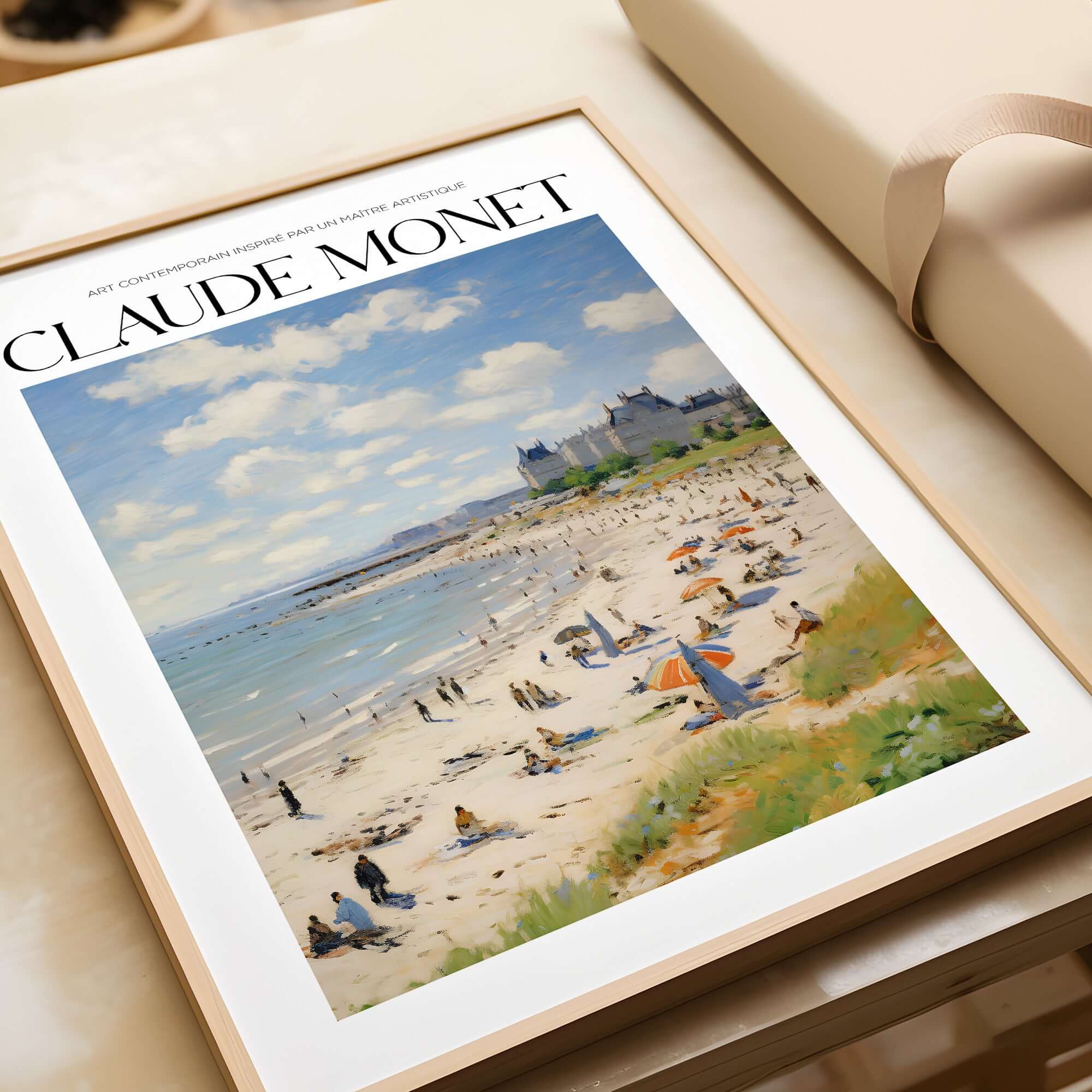 Claude Monet Sunny Beach Day Wall Art - Coastal Resort Scene Print featuring a vibrant beach scene with people and umbrellas.