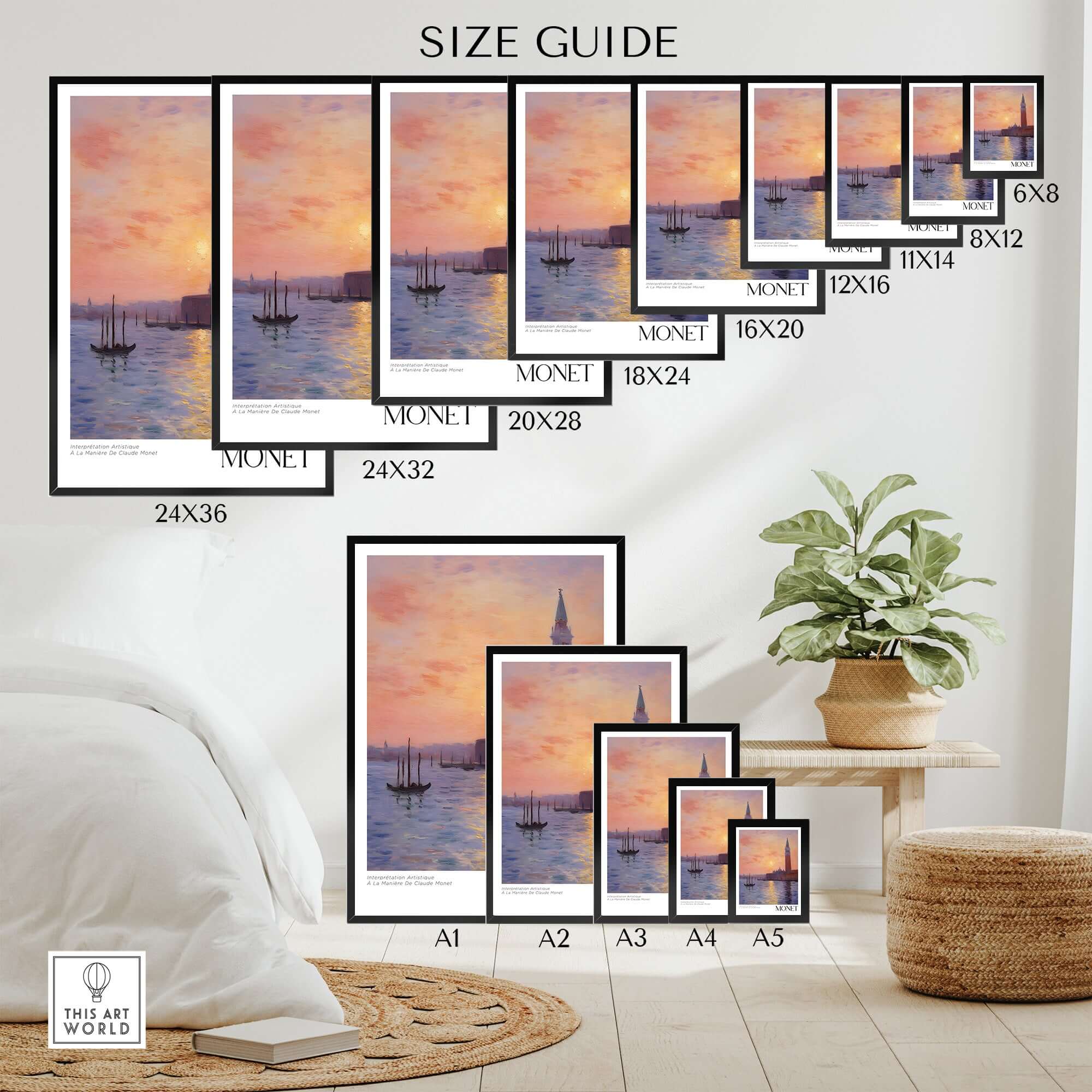 Monet Venice wall art size guide showcasing various frame sizes for Claude Monet's sunset reflection print.