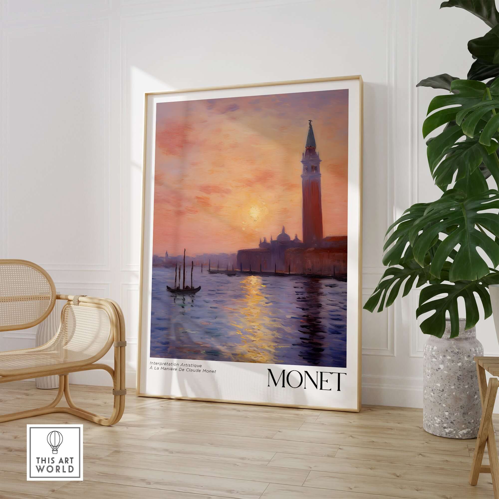 Monet Venice wall art featuring a stunning sunset reflection over the canal with Venetian architecture.