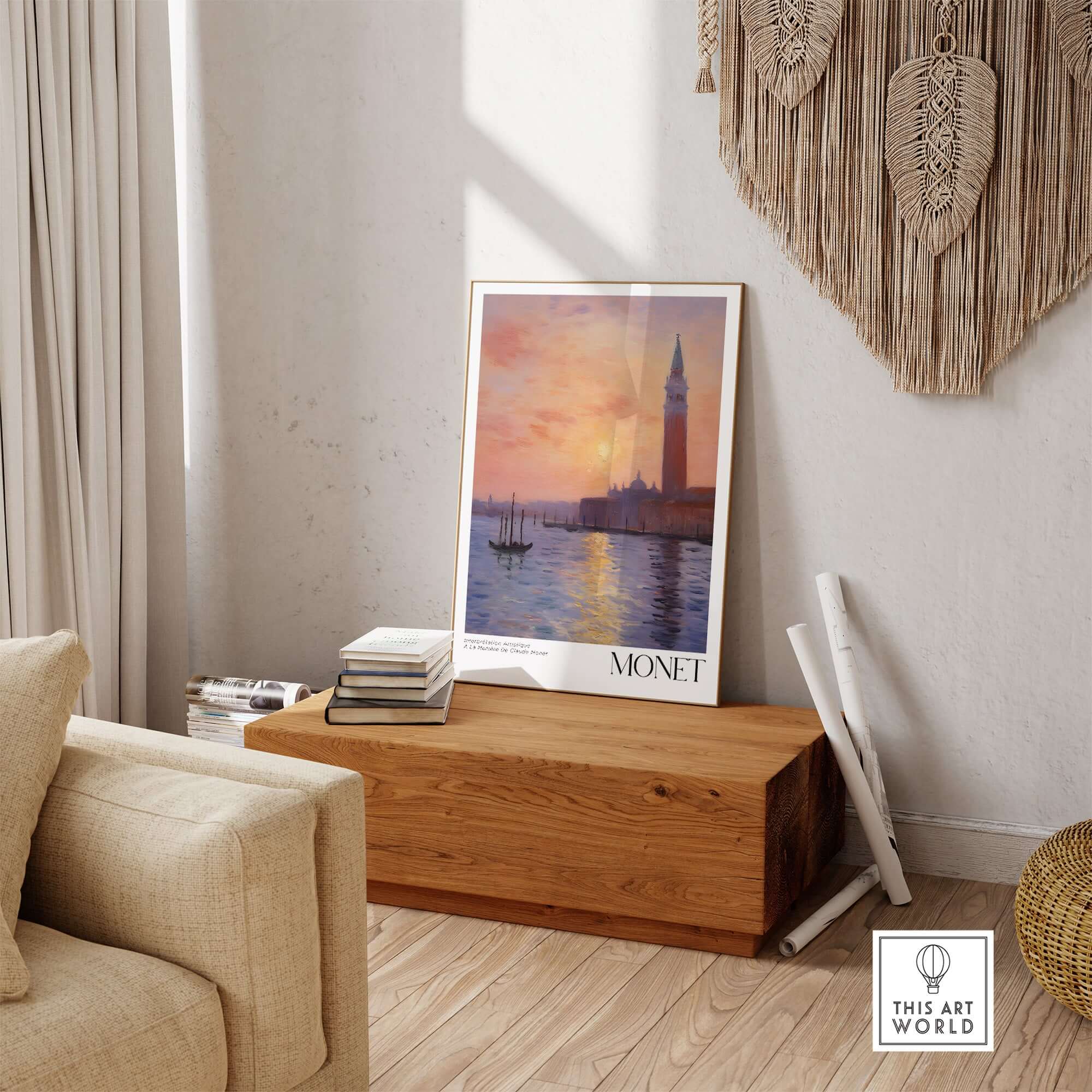 Monet Venice wall art displayed in a cozy living room, showcasing a beautiful sunset over Venetian architecture.