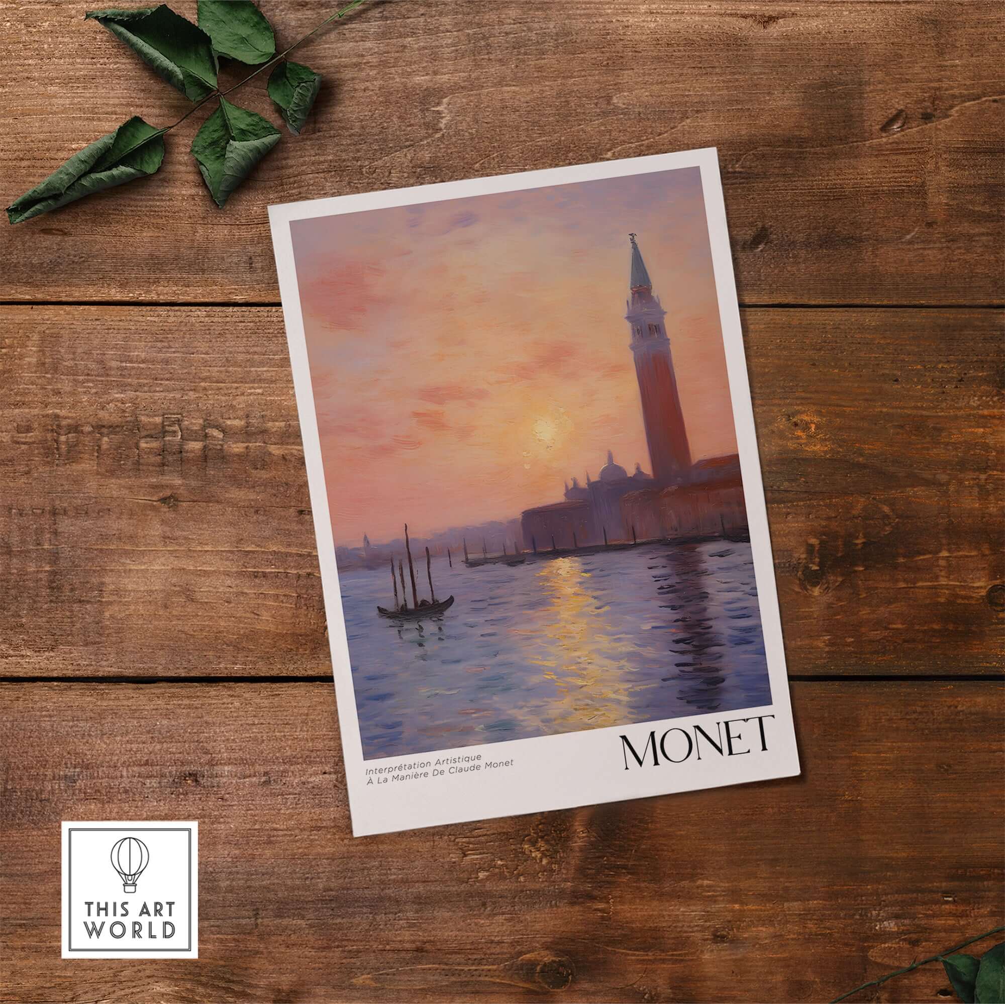 Monet Venice wall art showcasing a sunset reflection in the iconic canals of Venice by Claude Monet.