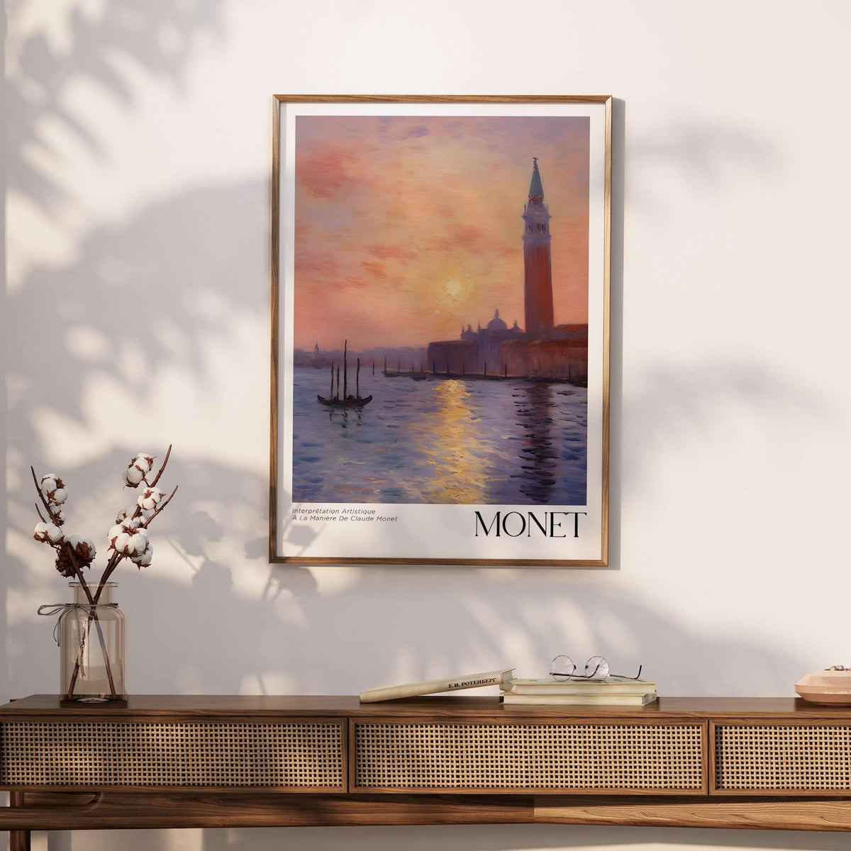 Monet Venice wall art featuring a sunset reflection over the calm waters of a Venetian canal.