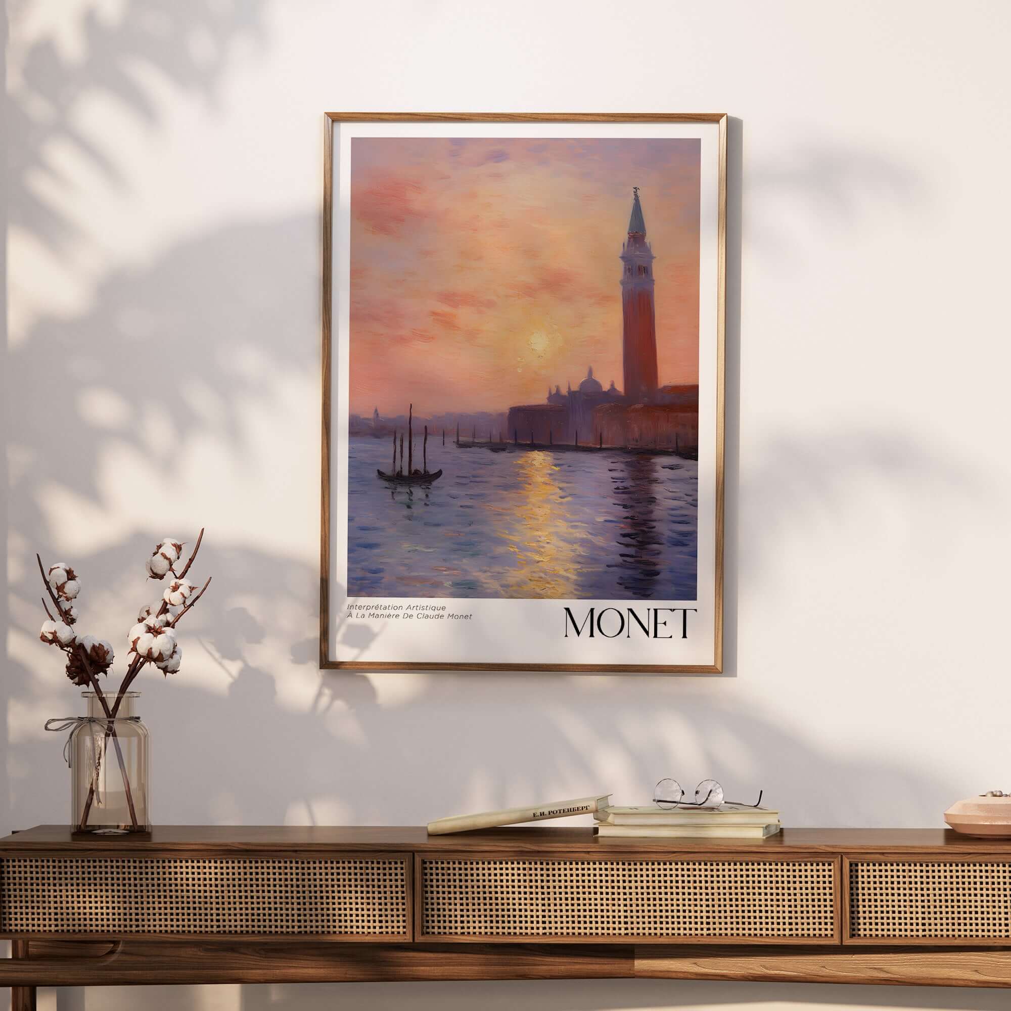 Monet Venice wall art featuring a sunset reflection over the calm waters of a Venetian canal.
