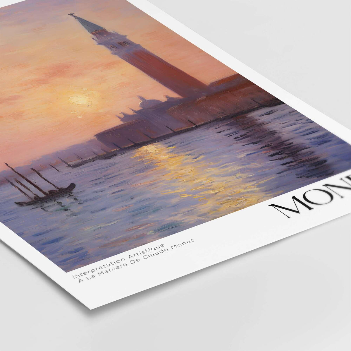 Monet Venice wall art featuring a serene sunset scene over the Venetian canal with iconic architecture reflections.