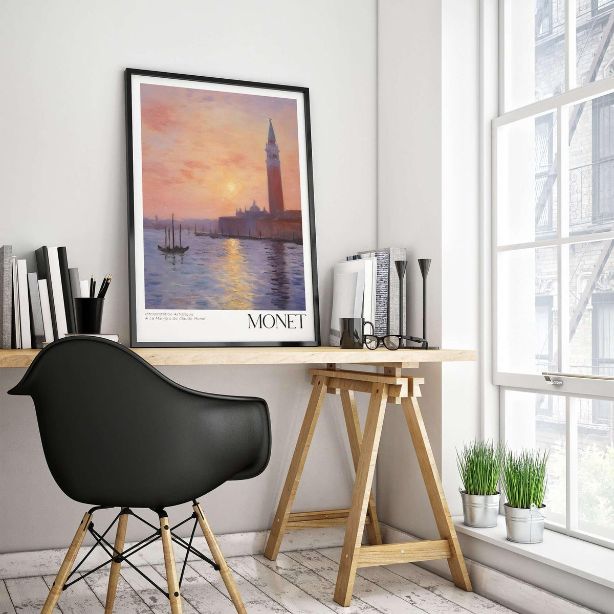 Monet Venice wall art displayed in a stylish workspace, capturing the serene beauty of Venice at sunset.