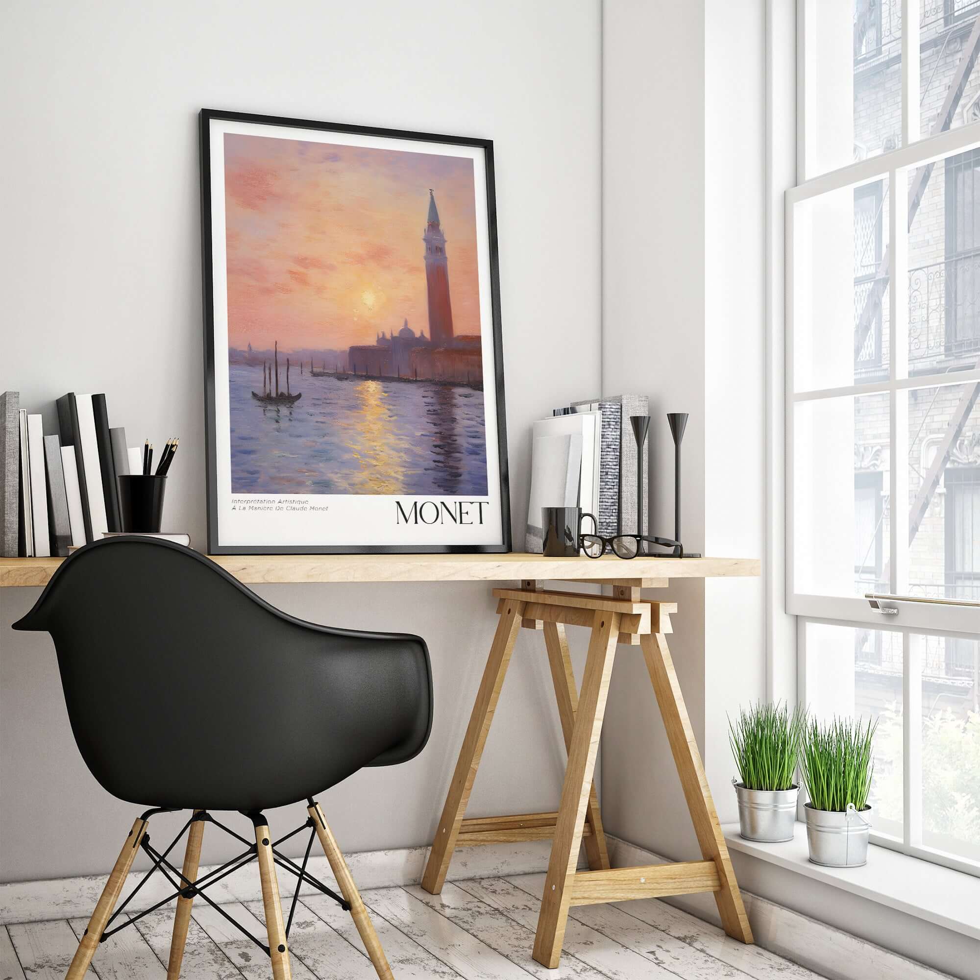 Monet Venice wall art displayed in a stylish workspace, capturing the serene beauty of Venice at sunset.