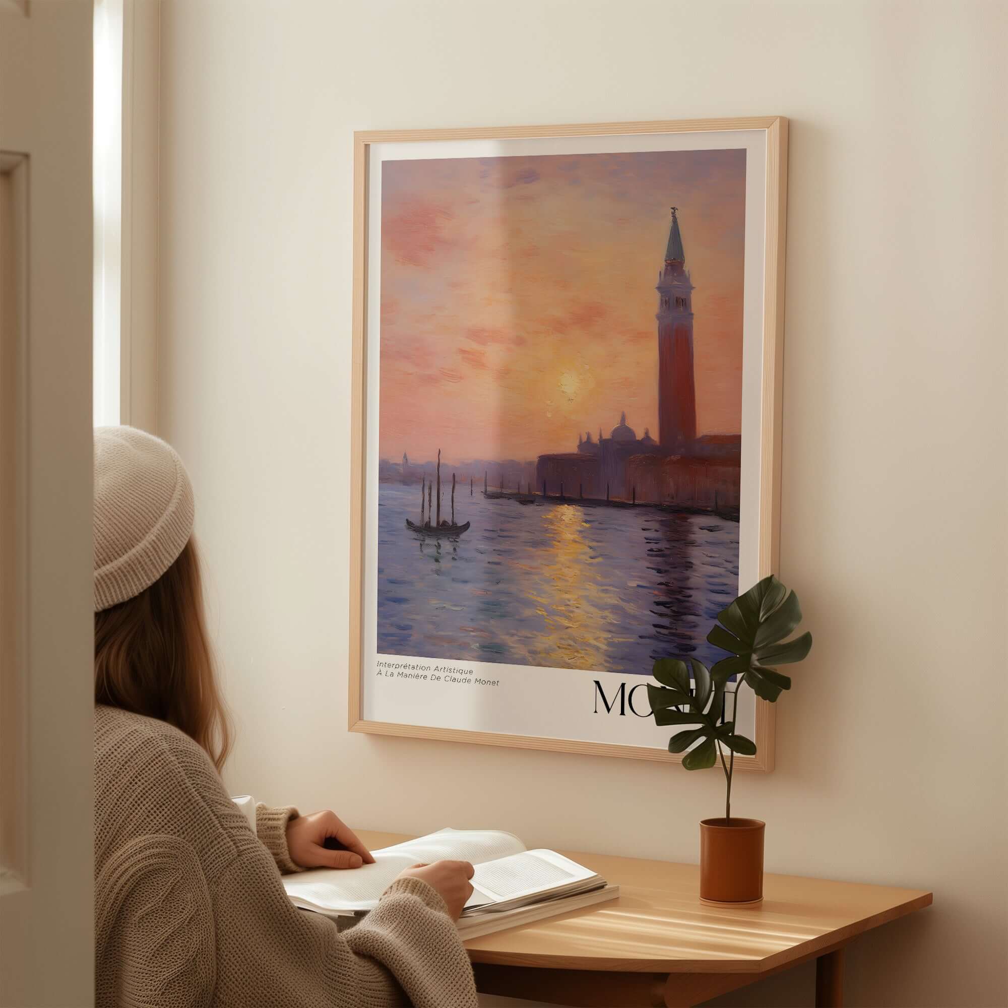 Monet Venice wall art featuring a beautiful sunset reflection over a canal, evoking a tranquil Venetian atmosphere.