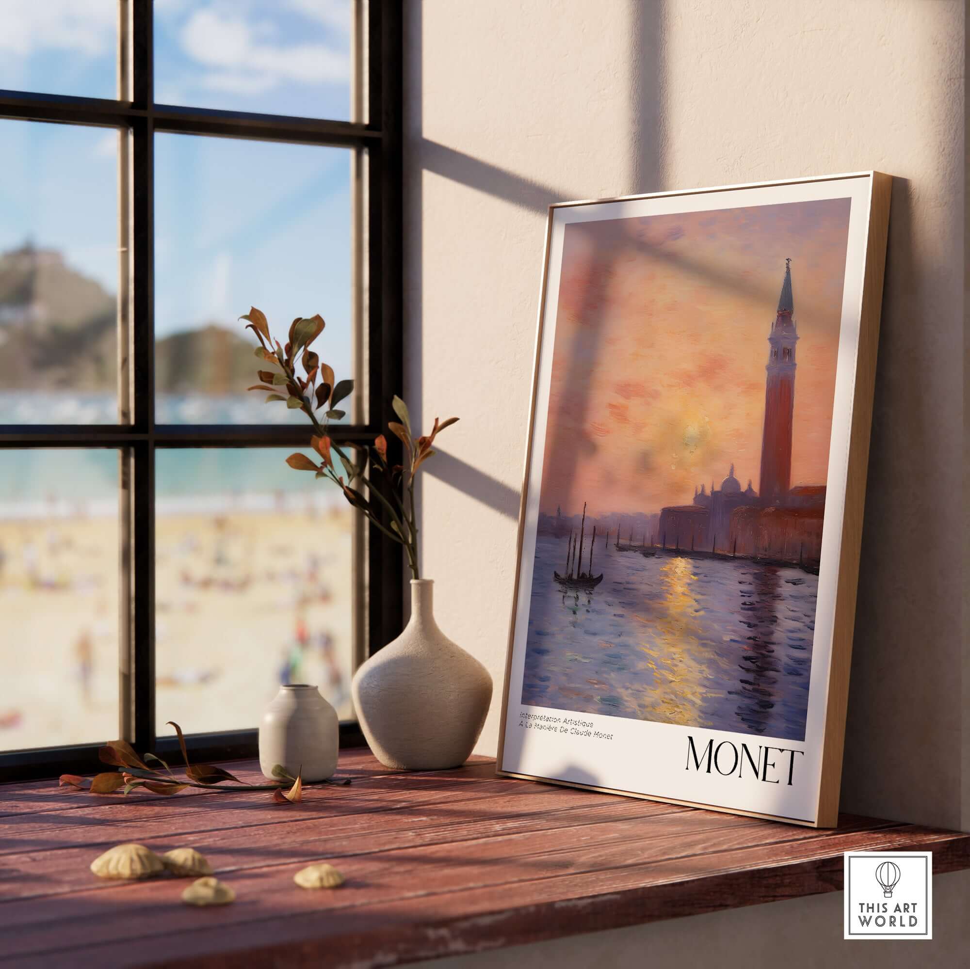 Monet Venice wall art displayed on a wooden table beside a window, showcasing a sunset over Venetian architecture.